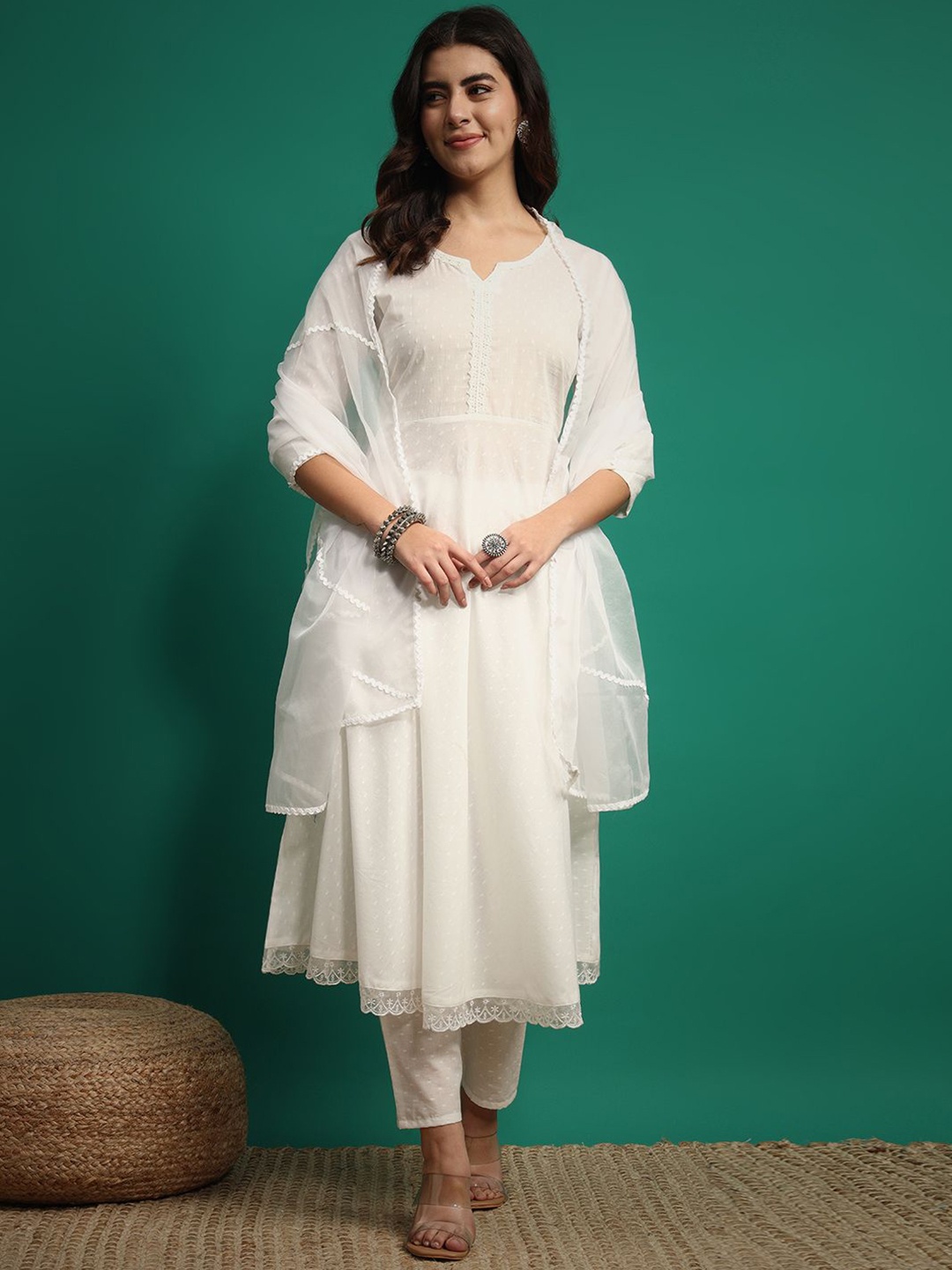 IkDaiya Notch Neck Self Design Pure Cotton Anarkali Kurta with Trouser & Dupatta, White
IkDaiya Notch Neck Self Design Pure Cotton Anarkali Kurta with Trouser & Dupatta, White