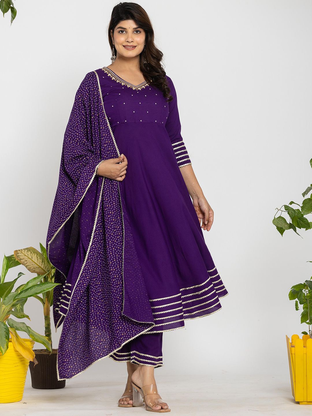 IkDaiya V-Neck Embroidered Gotta Patti Anarkali Kurta with Trouser & Dupatta, Purple
IkDaiya V-Neck Embroidered Gotta Patti Anarkali Kurta with Trouser & Dupatta, Purple