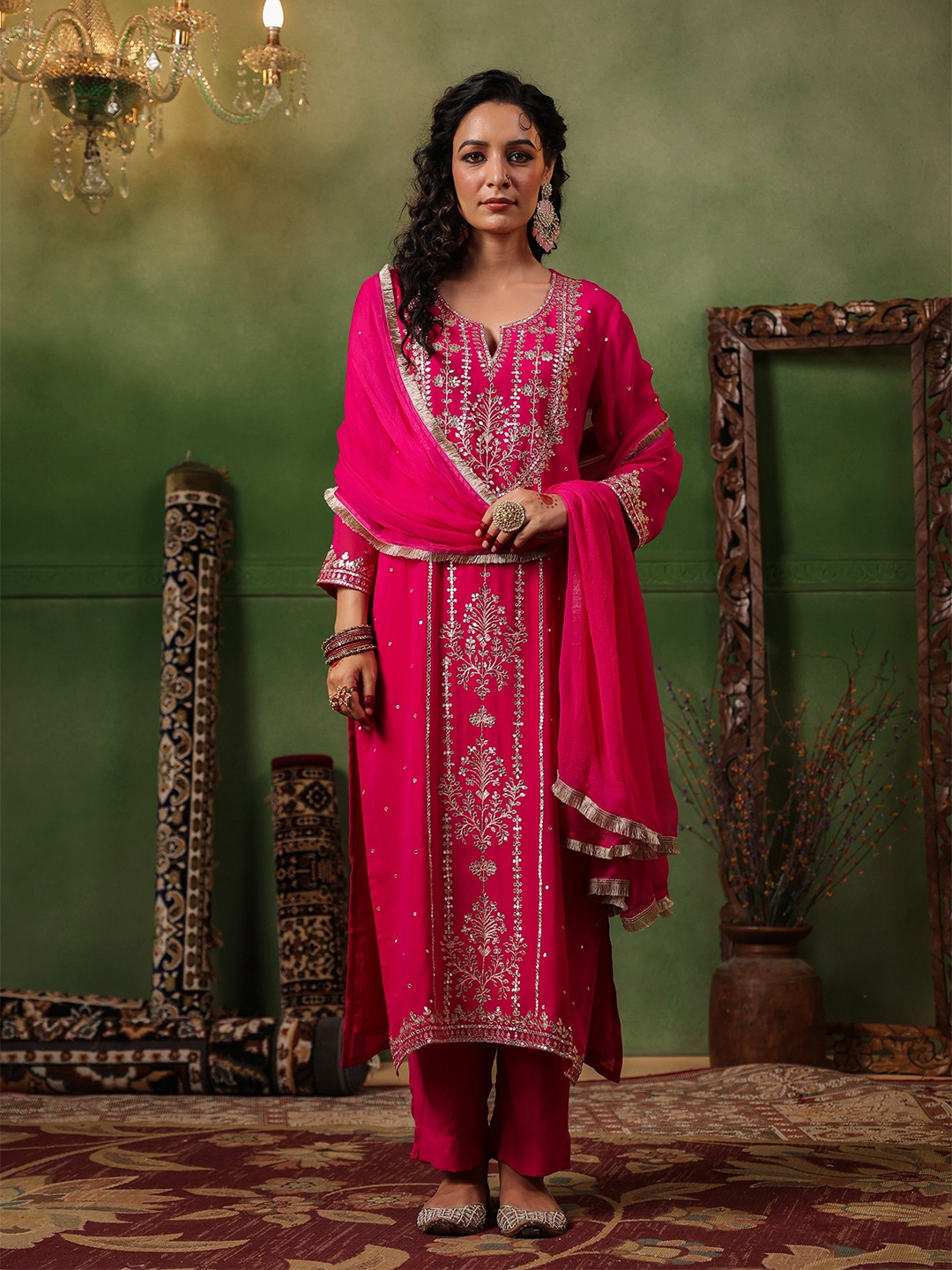 DIMPLE DESIGN STUDIO Women Embroidered Aari Work Georgette Kurta with Pyjamas & Dupatta, Fuchsia
DIMPLE DESIGN STUDIO Women Embroidered Aari Work Georgette Kurta with Pyjamas & Dupatta, Fuchsia