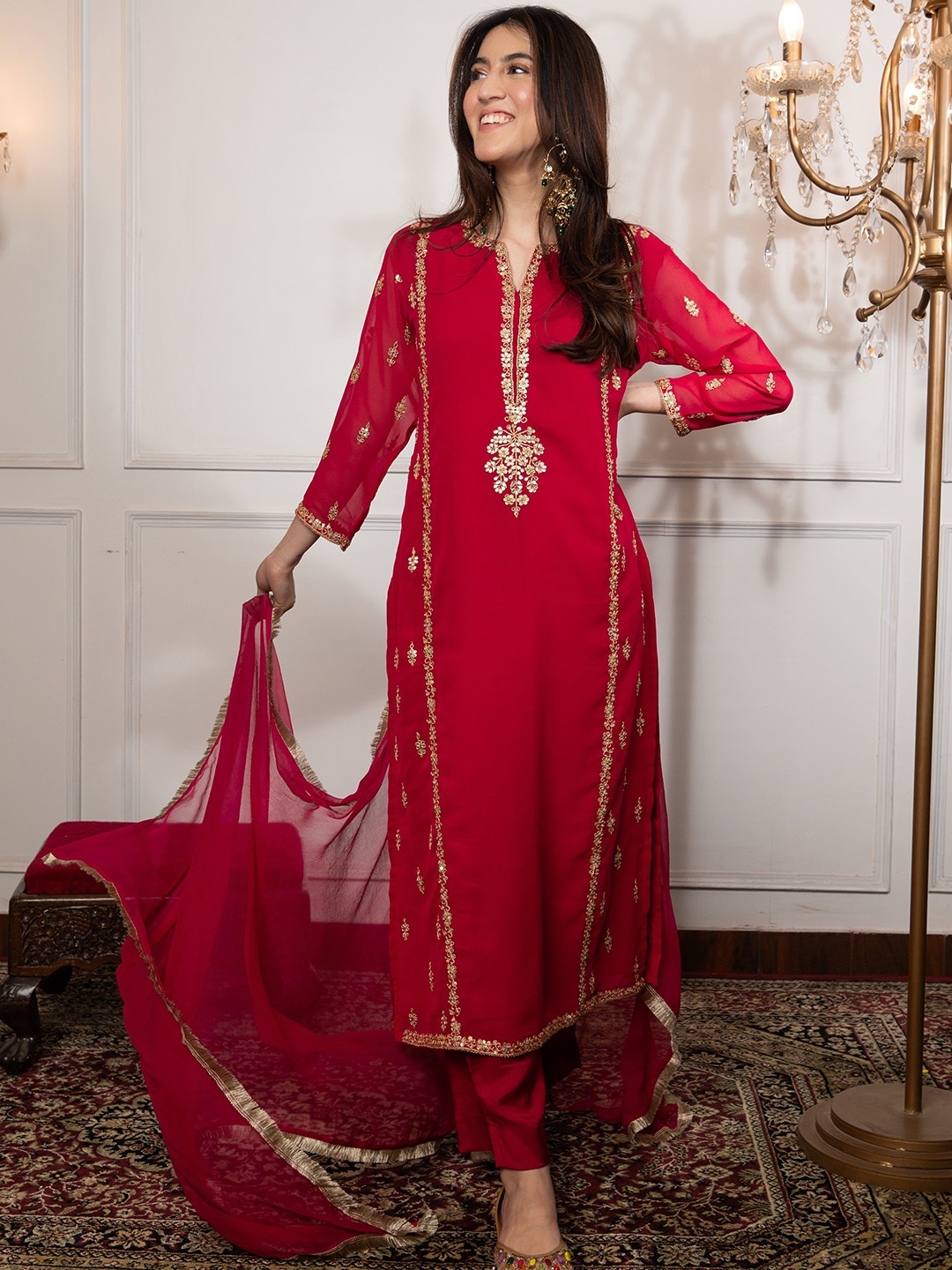 DIMPLE DESIGN STUDIO Women Embroidered Zardozi Georgette Kurta with Pyjamas & With Dupatta, Red
DIMPLE DESIGN STUDIO Women Embroidered Zardozi Georgette Kurta with Pyjamas & With Dupatta, Red