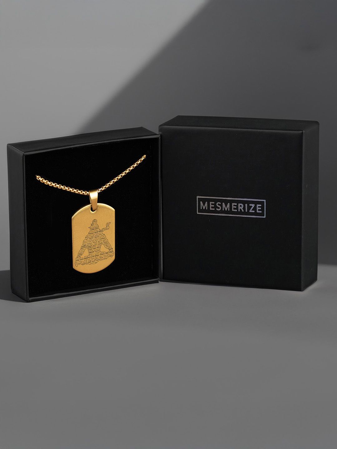 Mesmerize Men Stainless Steel Mahadev 108 Names Jyotirling Tag Pendant & Chain, Gold
Mesmerize Men Stainless Steel Mahadev 108 Names Jyotirling Tag Pendant & Chain, Gold