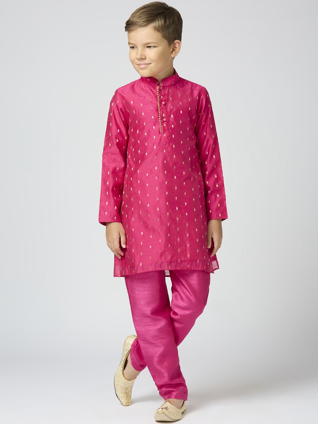 Sangria Boys Ethnic Motifs Woven Design Mandarin Collar Chanderi Cotton Kurta With Trouser, Pink
Sangria Boys Ethnic Motifs Woven Design Mandarin Collar Chanderi Cotton Kurta With Trouser, Pink