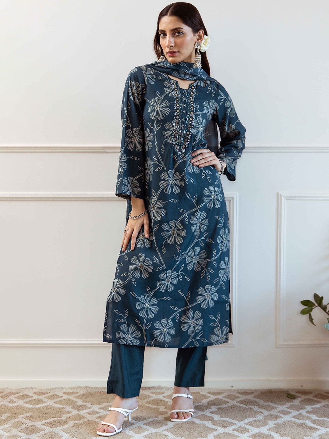 KALINI Women Bandhani Printed Regular Mirror Work Kurta with Trousers & With Dupatta, Teal
KALINI Women Bandhani Printed Regular Mirror Work Kurta with Trousers & With Dupatta, Teal