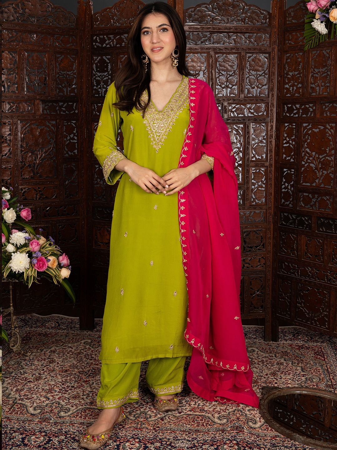 DIMPLE DESIGN STUDIO Floral Zardozi Embroidered Straight Kurta with Palazzos & Dupatta, Lime green
DIMPLE DESIGN STUDIO Floral Zardozi Embroidered Straight Kurta with Palazzos & Dupatta, Lime green