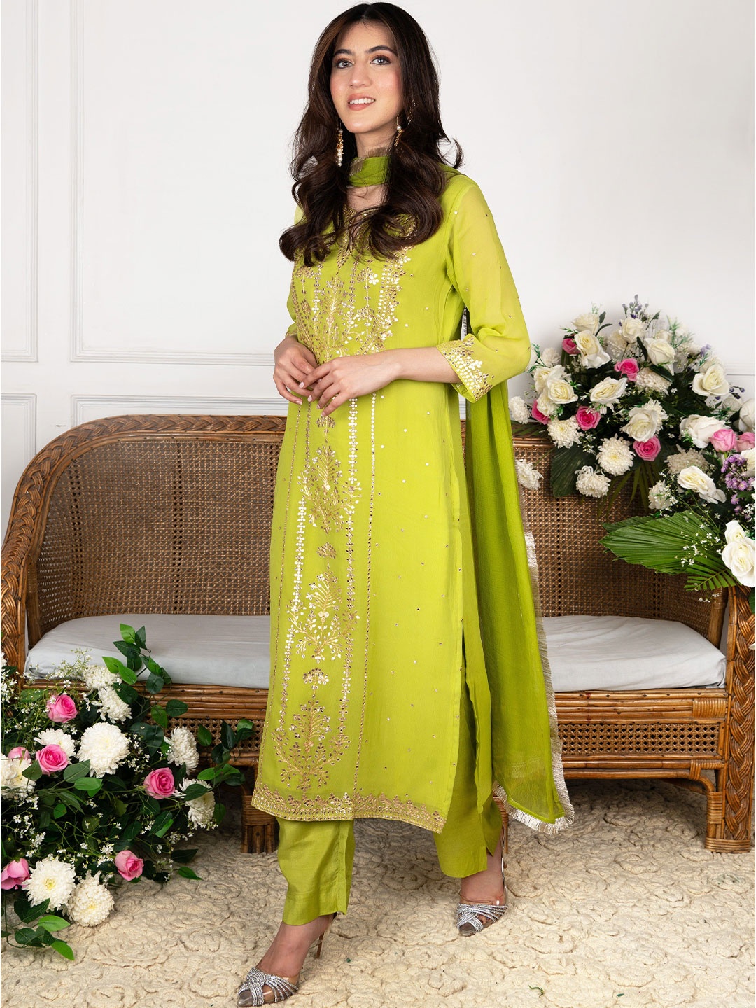 DIMPLE DESIGN STUDIO Women Ethnic Motifs Embroidered Kurta with Trousers & Dupatta, Lime green
DIMPLE DESIGN STUDIO Women Ethnic Motifs Embroidered Kurta with Trousers & Dupatta, Lime green