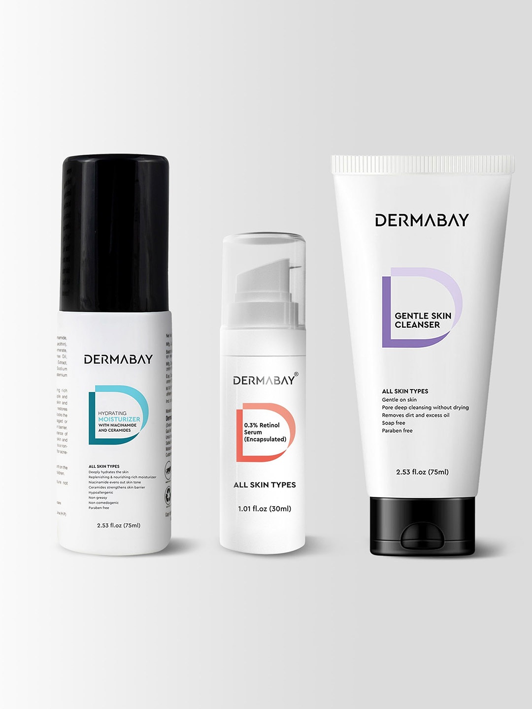DermaBay Set Of 3 Hydrating Moisturizer, Retinol 0.3% Serum & Gentle On Skin Cleanser, White
DermaBay Set Of 3 Hydrating Moisturizer, Retinol 0.3% Serum & Gentle On Skin Cleanser, White