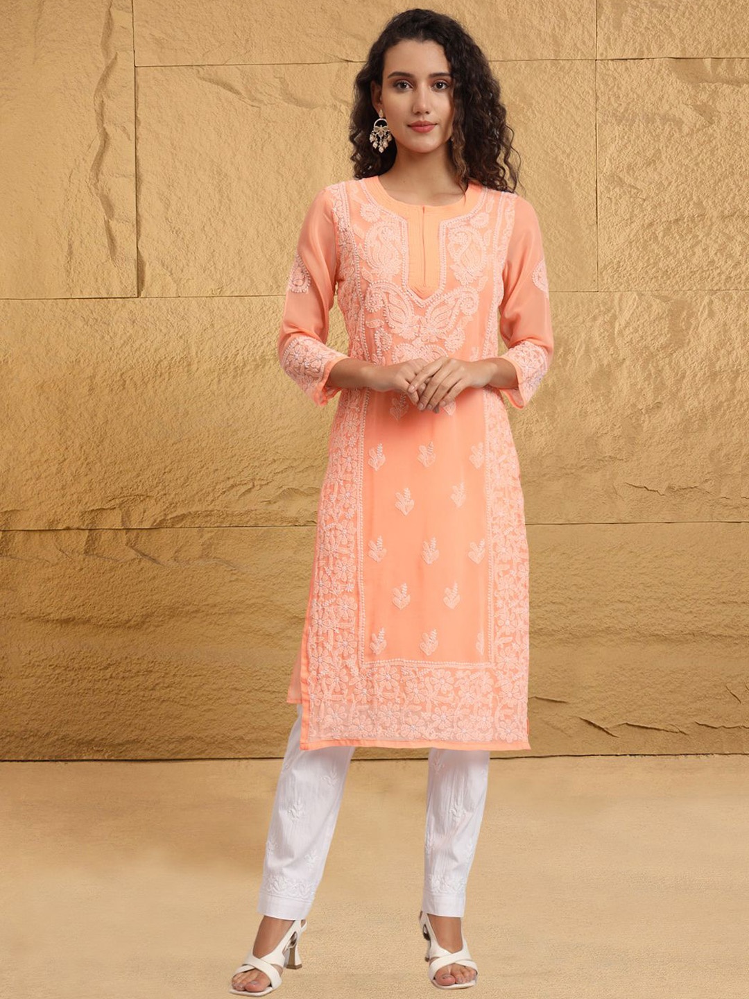 PARAMOUNT CHIKAN Round Neck Paisley Embroidered Chikankari Georgette Straight Kurta, Orange
PARAMOUNT CHIKAN Round Neck Paisley Embroidered Chikankari Georgette Straight Kurta, Orange