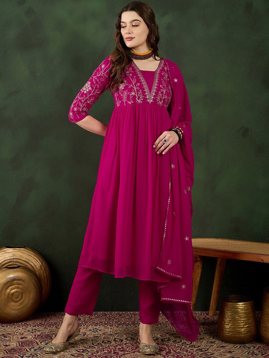 Sangria Pink Floral Embroidered Regular Sequinned Georgette Kurta & Trouser With Dupatta
Sangria Pink Floral Embroidered Regular Sequinned Georgette Kurta & Trouser With Dupatta