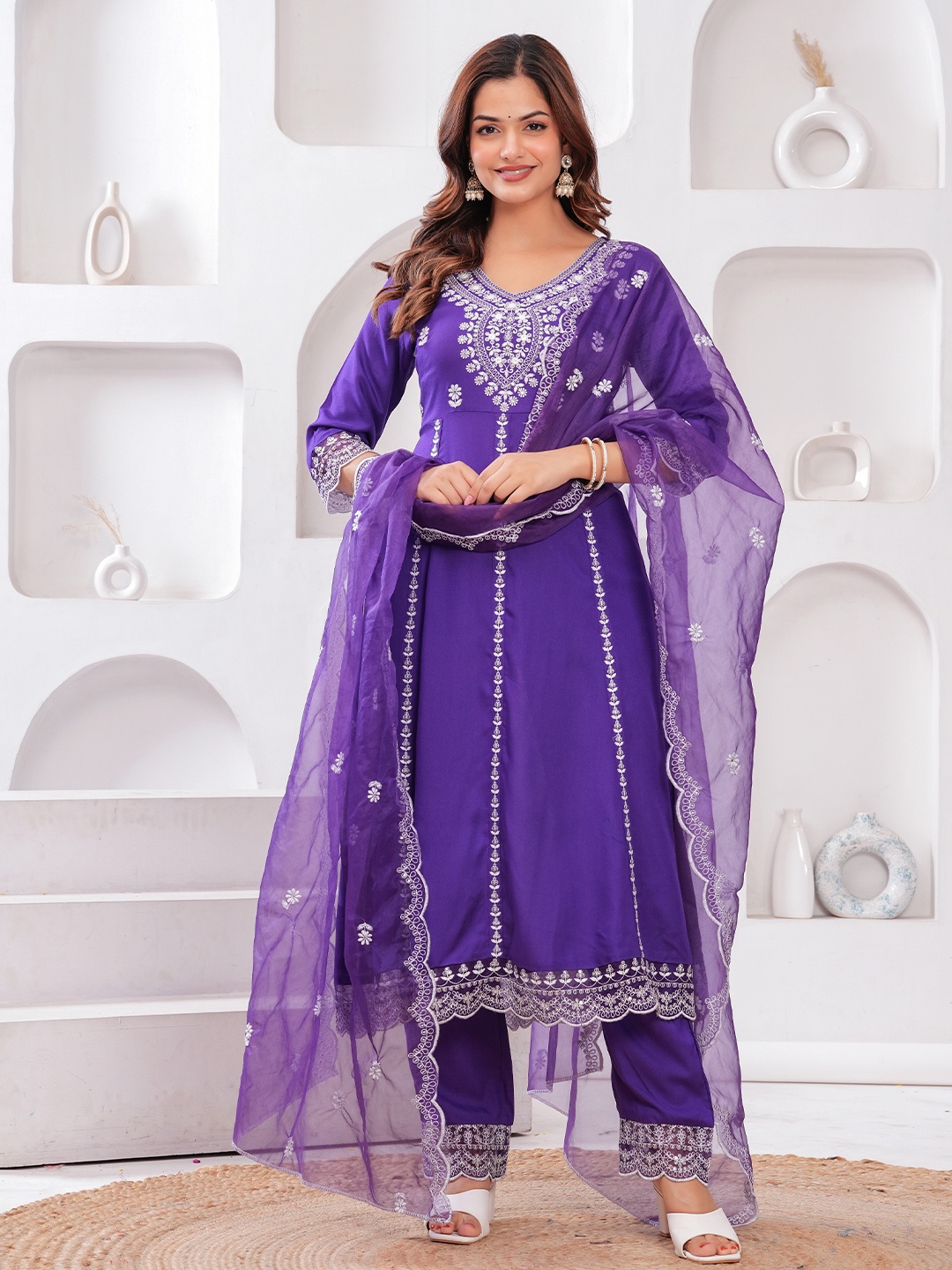 NEW4U Floral Embroidered Thread Work Anarkali Kurta With Palazzos & Dupatta, Purple
NEW4U Floral Embroidered Thread Work Anarkali Kurta With Palazzos & Dupatta, Purple