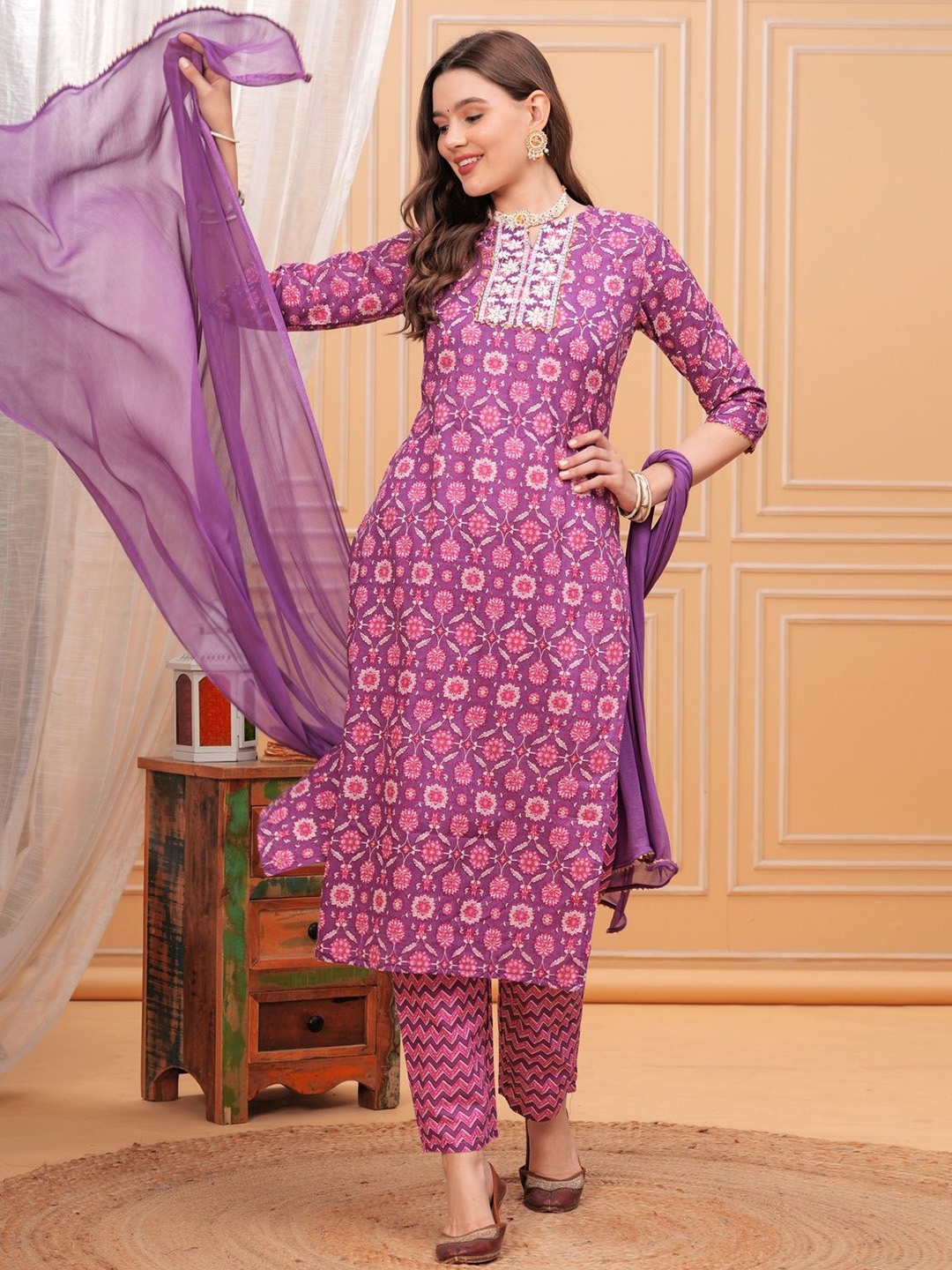 NEW4U Round Neck Floral Printed Thread Work Pure Cotton Kurta With Palazzos & Dupatta, Purple
NEW4U Round Neck Floral Printed Thread Work Pure Cotton Kurta With Palazzos & Dupatta, Purple