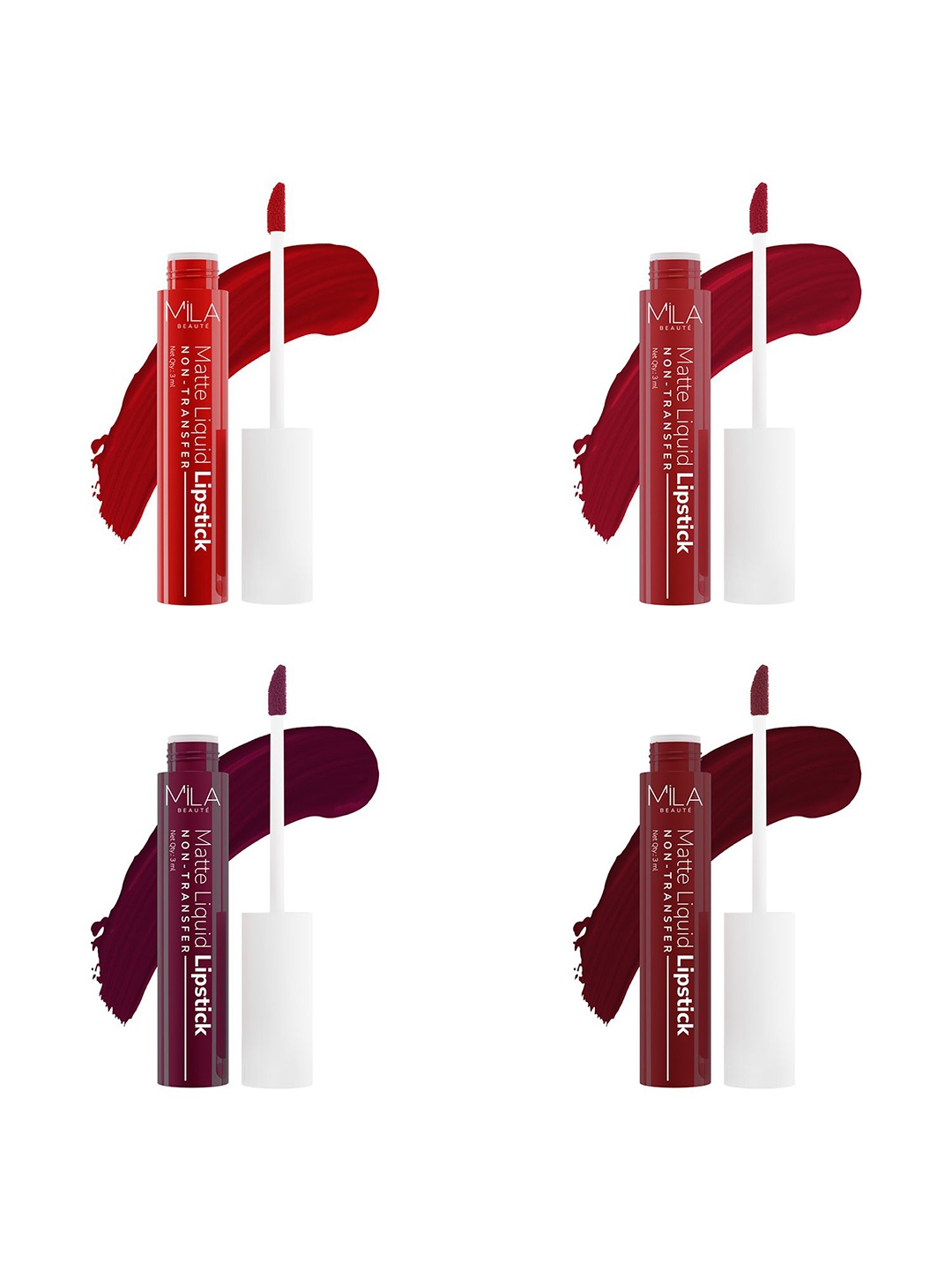 MILA BEAUTE Set Of 4 Non Transfer Liquid Lipstick- 3 ml Each - 601 -604 -606 -608, Red
MILA BEAUTE Set Of 4 Non Transfer Liquid Lipstick- 3 ml Each - 601 -604 -606 -608, Red