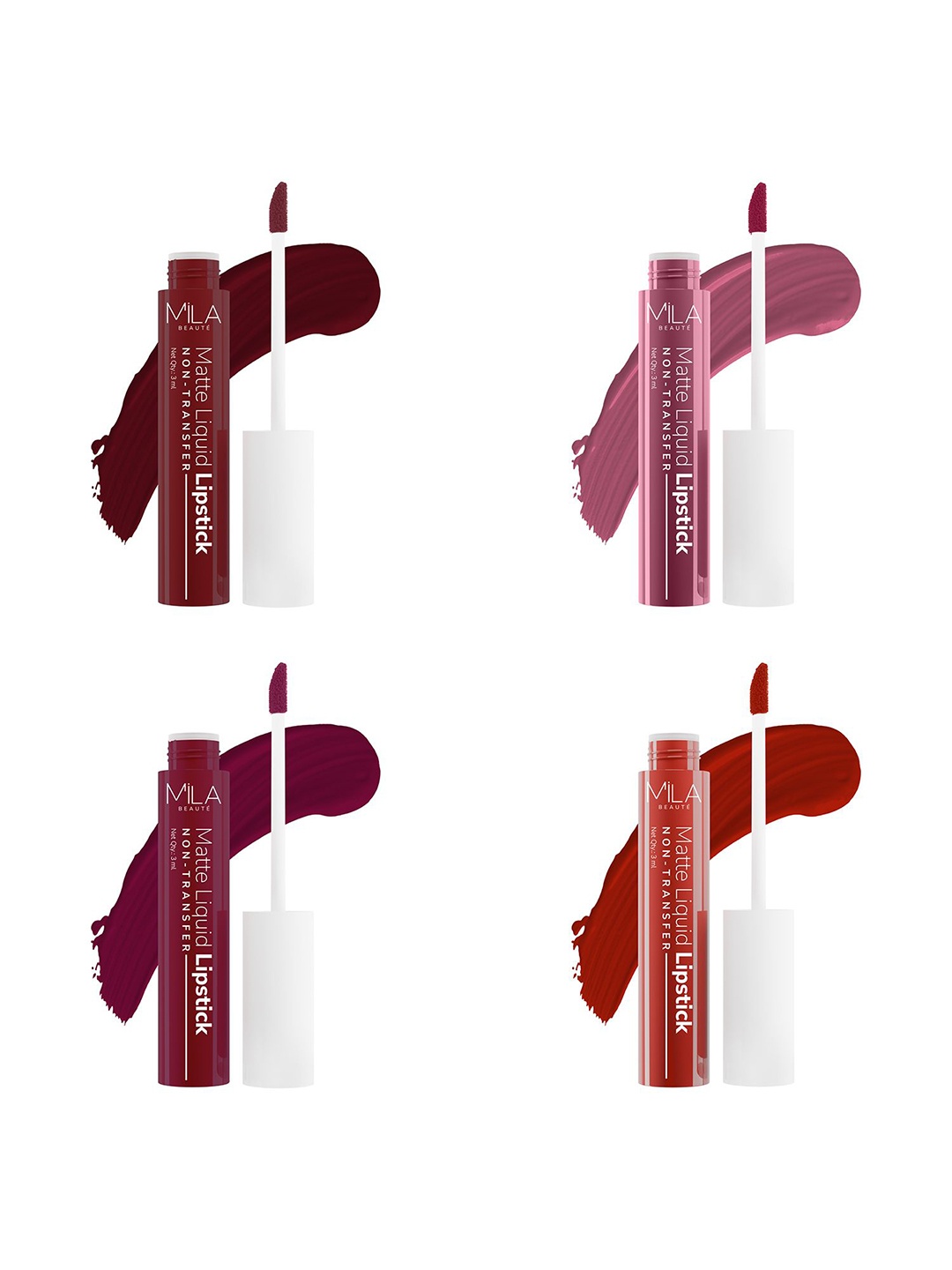 MILA BEAUTE Set Of 4 Long Lasting Non Transfer Liquid Matte Lipstick - 3 ml Each, Burgundy
MILA BEAUTE Set Of 4 Long Lasting Non Transfer Liquid Matte Lipstick - 3 ml Each, Burgundy