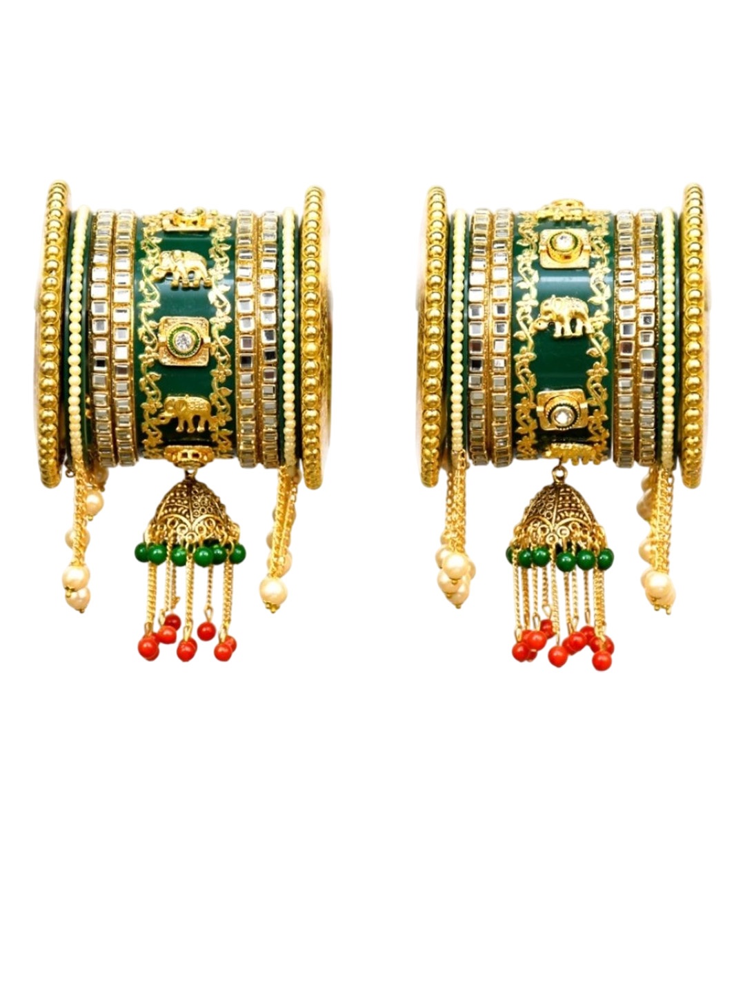 Zindura Set of 2 Gold-Plated Stone-Studded & Pearl Beaded Chuda Bangles With Hangings
Zindura Set of 2 Gold-Plated Stone-Studded & Pearl Beaded Chuda Bangles With Hangings