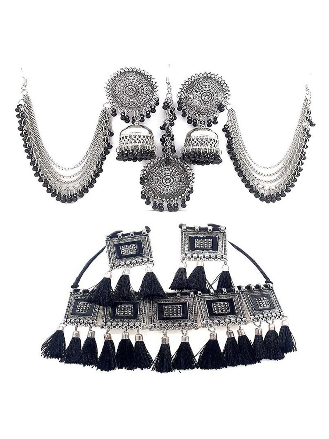JMBW INTERNATIONAL Set Of 2 Beaded Tasselled Necklace and Earrings With Maang Tika, Silver
JMBW INTERNATIONAL Set Of 2 Beaded Tasselled Necklace and Earrings With Maang Tika, Silver