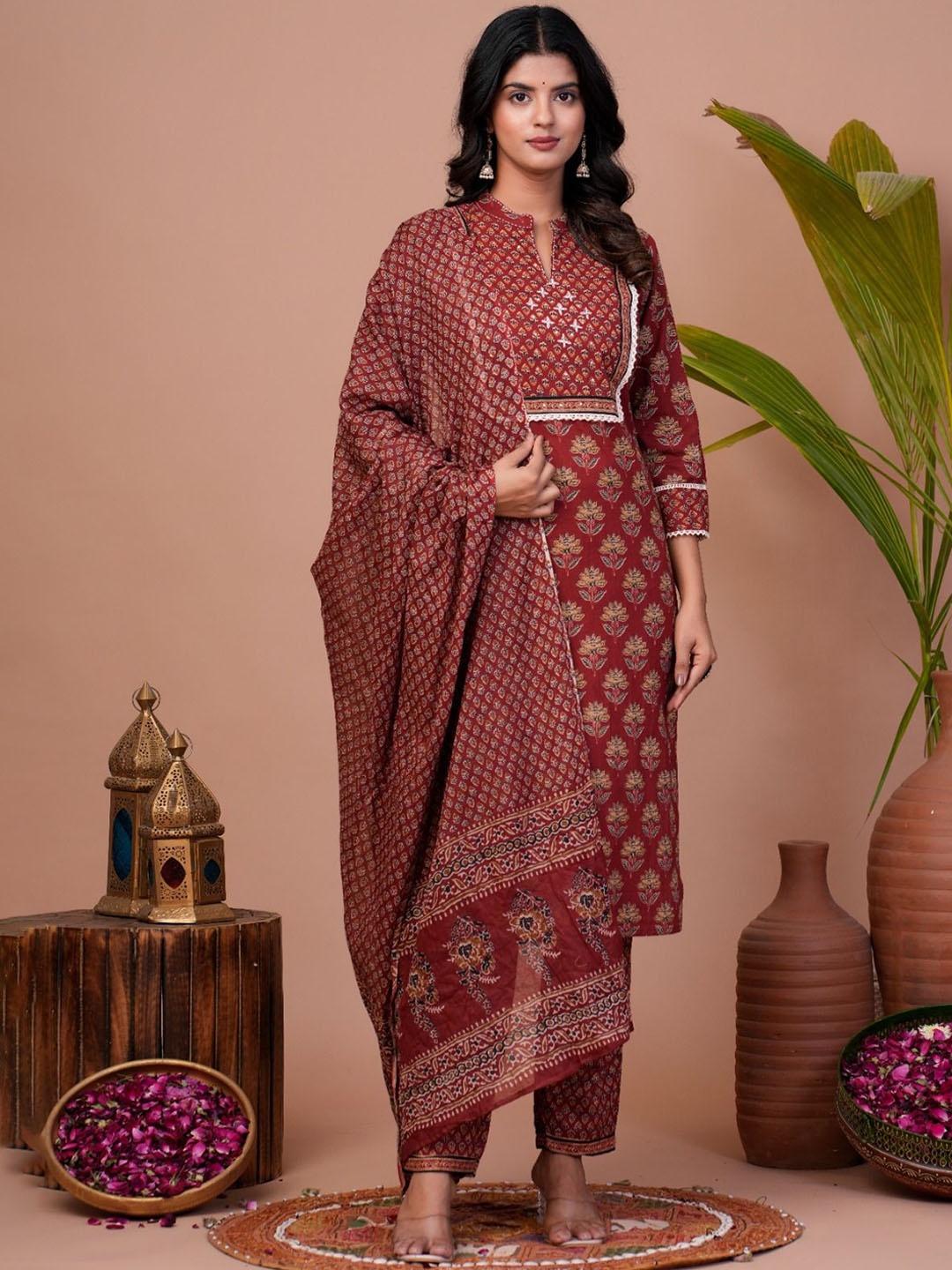 KALINI Floral Printed Gotta Patti Pure Cotton Straight Kurta With Trousers & Dupatta, Maroon
KALINI Floral Printed Gotta Patti Pure Cotton Straight Kurta With Trousers & Dupatta, Maroon