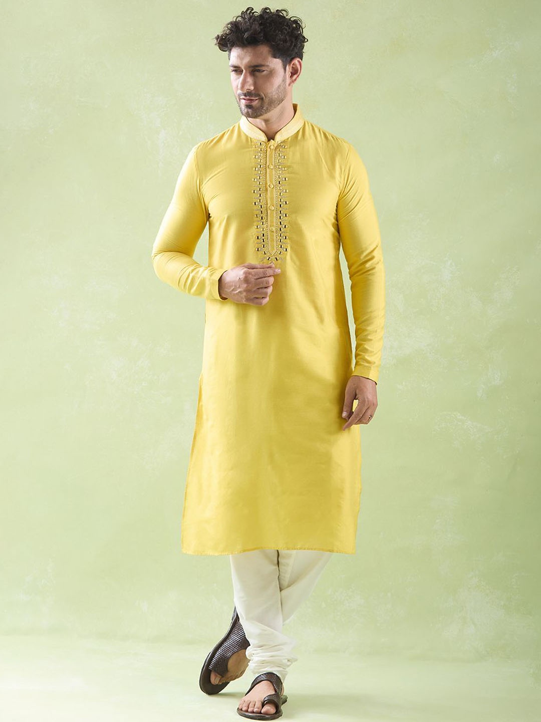Arihant Rai Sinha Floral Embroidered Mirror Work Pure Silk Kurta With Trousers, Yellow
Arihant Rai Sinha Floral Embroidered Mirror Work Pure Silk Kurta With Trousers, Yellow