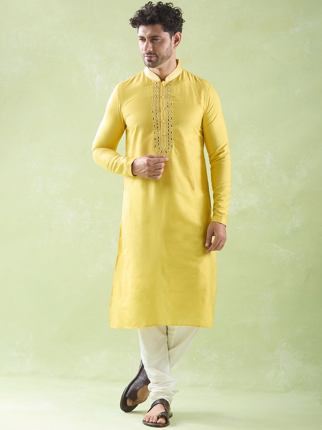 Arihant Rai Sinha Embroidered Mandarin Collar Pure Silk Straight Kurta with Churidar, Yellow
Arihant Rai Sinha Embroidered Mandarin Collar Pure Silk Straight Kurta with Churidar, Yellow