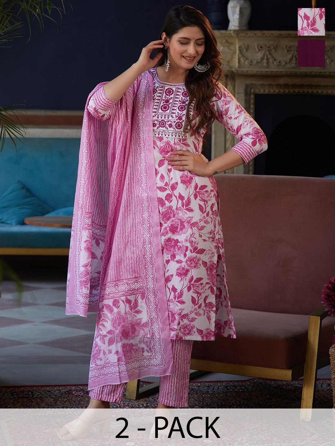 KALINI Pack Of 2 Floral Printed Round Neck Straight Kurta With Trousers & Dupatta, Pink
KALINI Pack Of 2 Floral Printed Round Neck Straight Kurta With Trousers & Dupatta, Pink