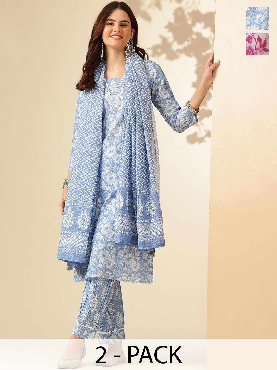 KALINI Selection of 2 Floral Printed Thread Work Straight Kurta With Trouser & Dupatta, White
KALINI Selection of 2 Floral Printed Thread Work Straight Kurta With Trouser & Dupatta, White