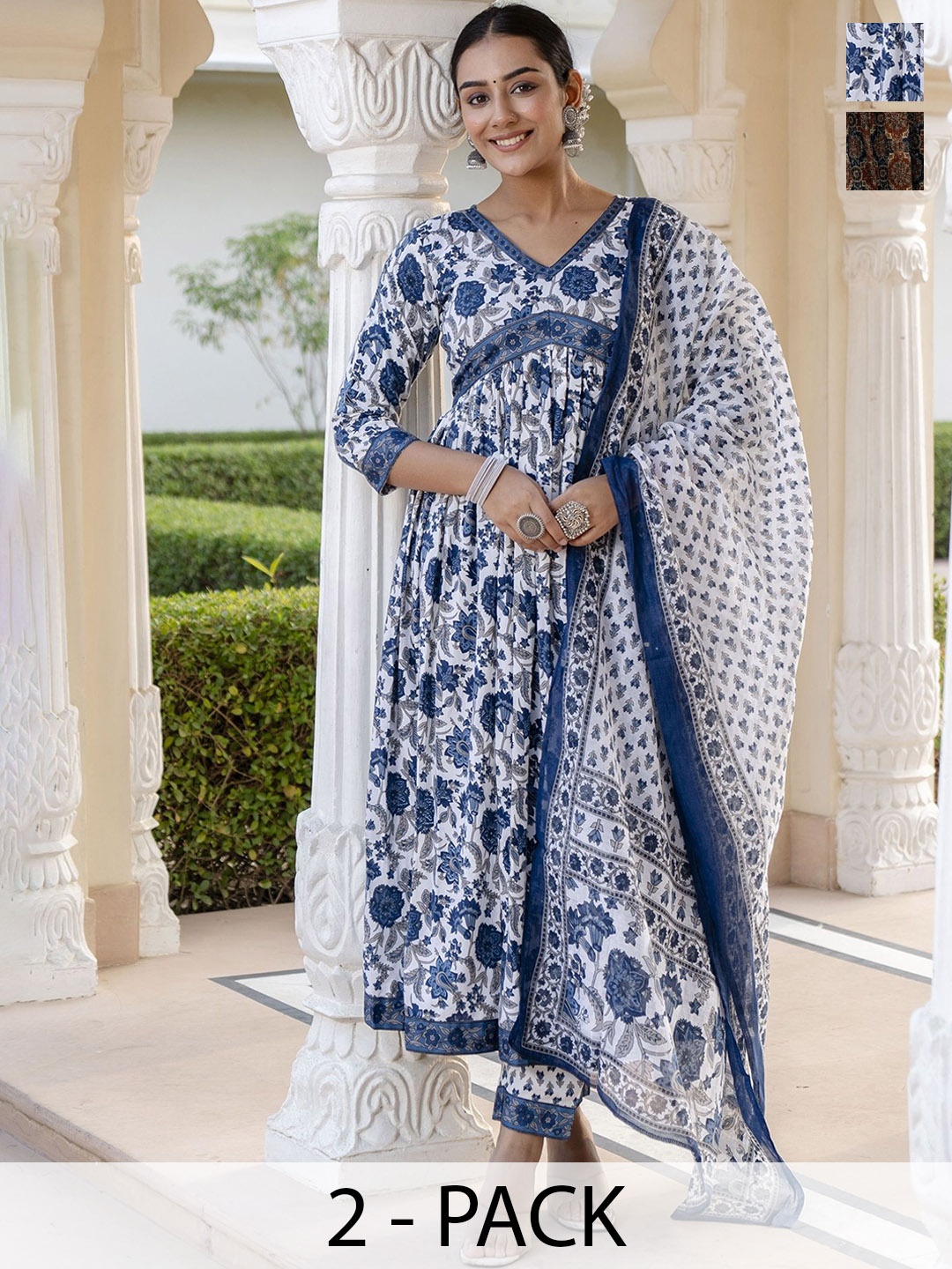 KALINI Pack Of 2 Floral Printed V-Neck Anarkali Kurta With Trousers & Dupatta, White
KALINI Pack Of 2 Floral Printed V-Neck Anarkali Kurta With Trousers & Dupatta, White