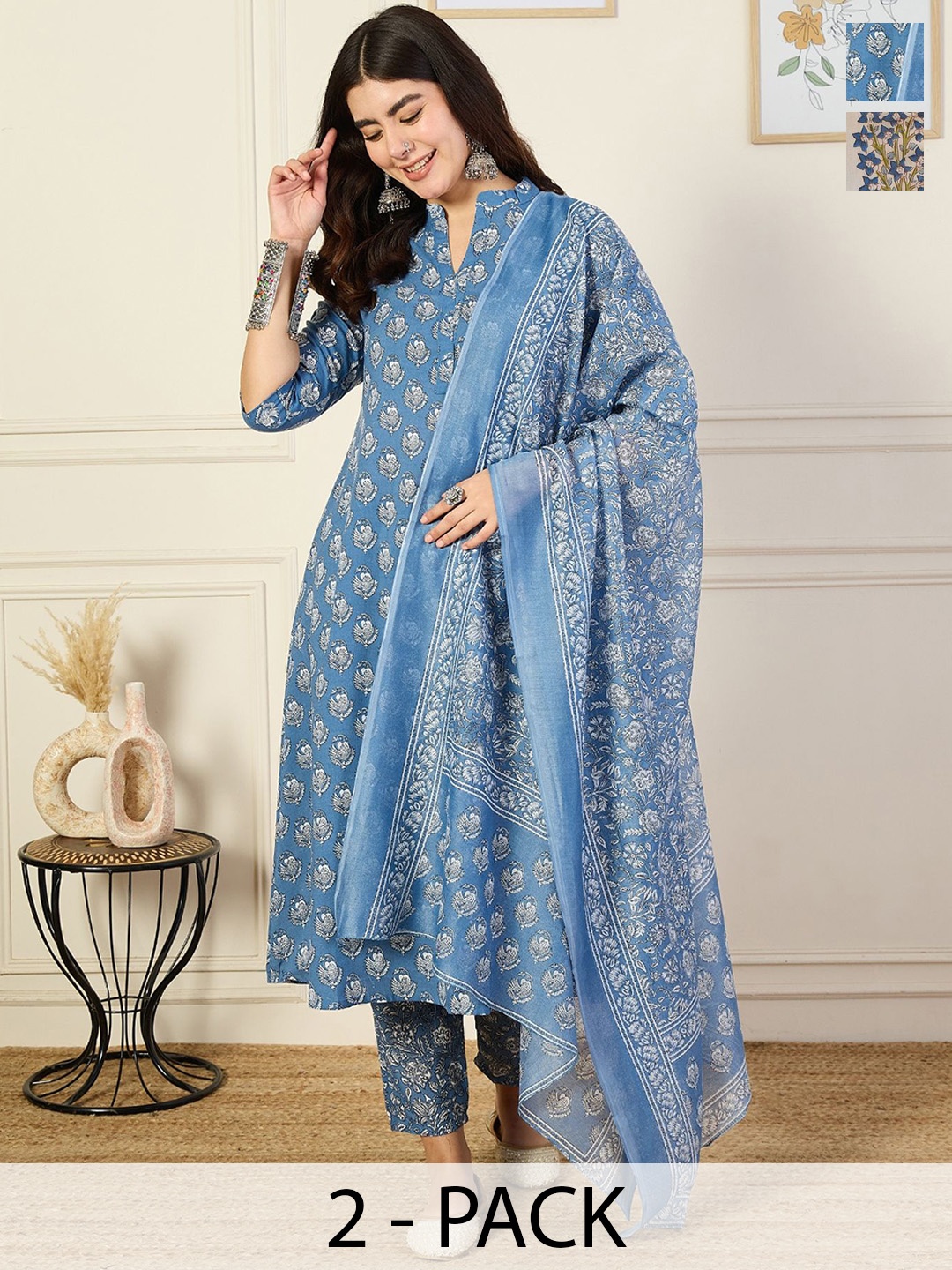 KALINI Pack Of 2 Floral Printed V-Neck Anarkali Kurta With Trousers & Dupatta, White
KALINI Pack Of 2 Floral Printed V-Neck Anarkali Kurta With Trousers & Dupatta, White