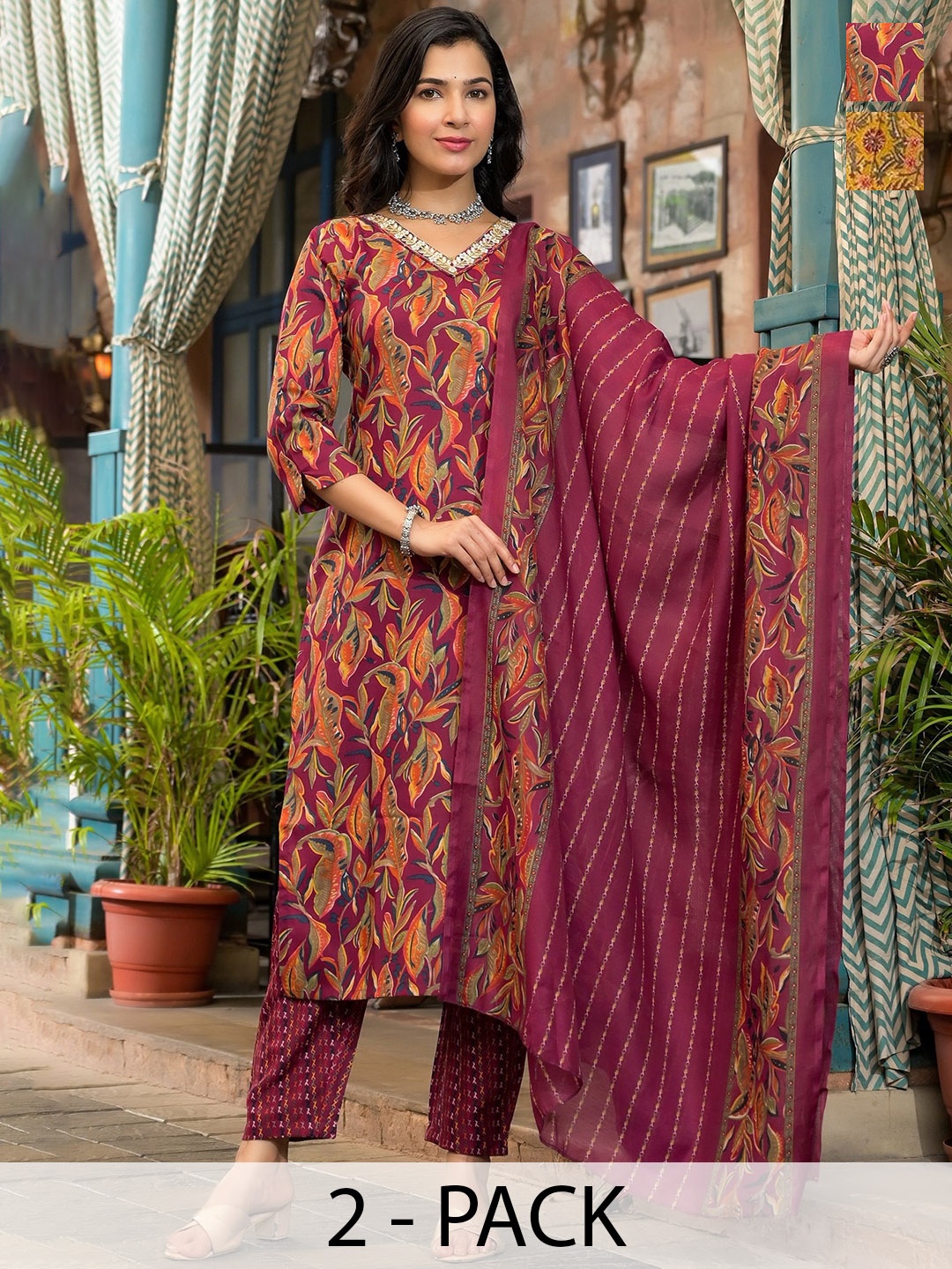 KALINI Pack Of 2 Floral Printed V-Neck Straight Kurta With Trousers & Dupatta, Yellow
KALINI Pack Of 2 Floral Printed V-Neck Straight Kurta With Trousers & Dupatta, Yellow