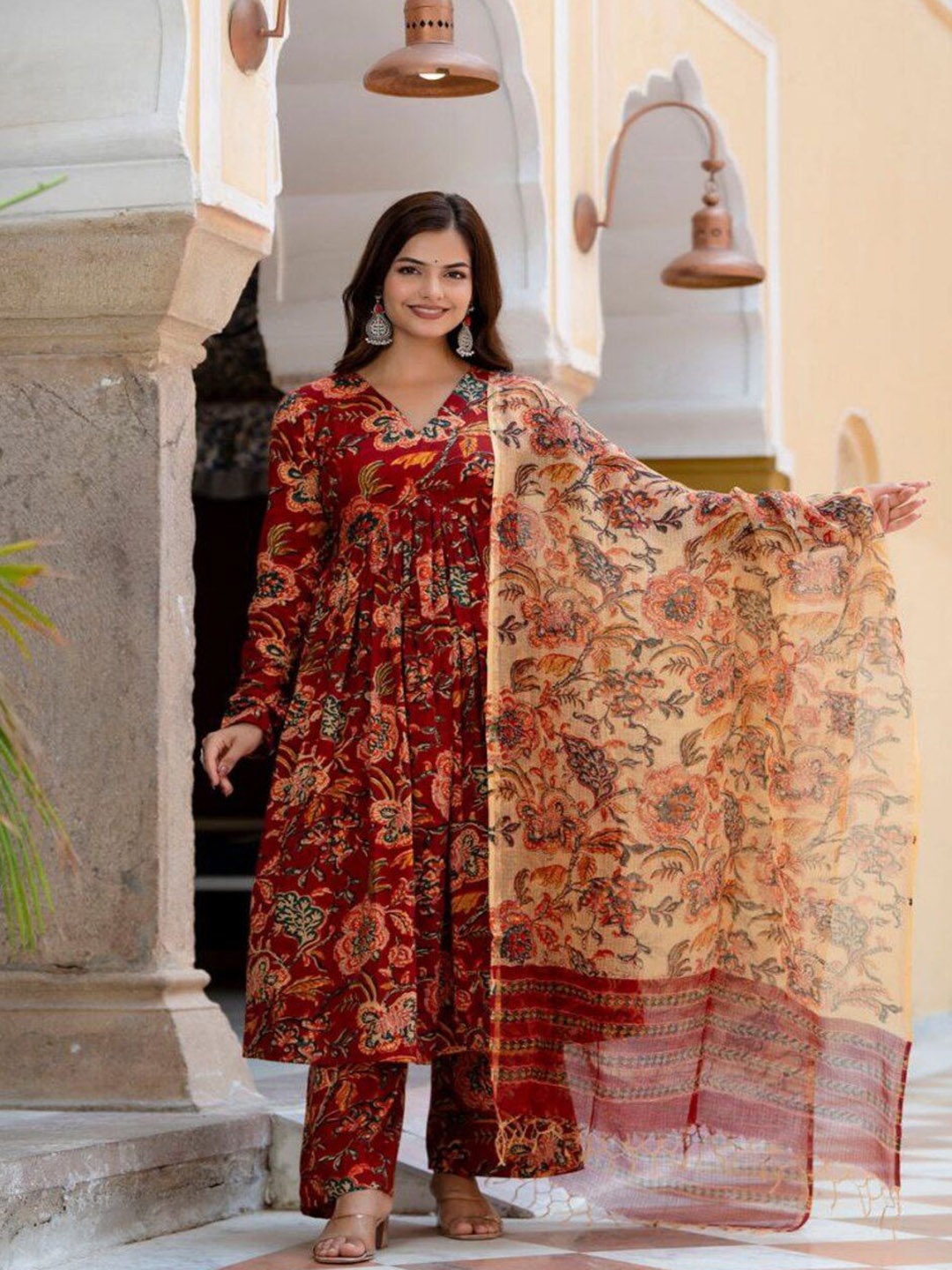 Modestouze Attires Floral Printed V-Neck Empire Anarkali Kurta With Palazzo & Dupatta, Maroon
Modestouze Attires Floral Printed V-Neck Empire Anarkali Kurta With Palazzo & Dupatta, Maroon