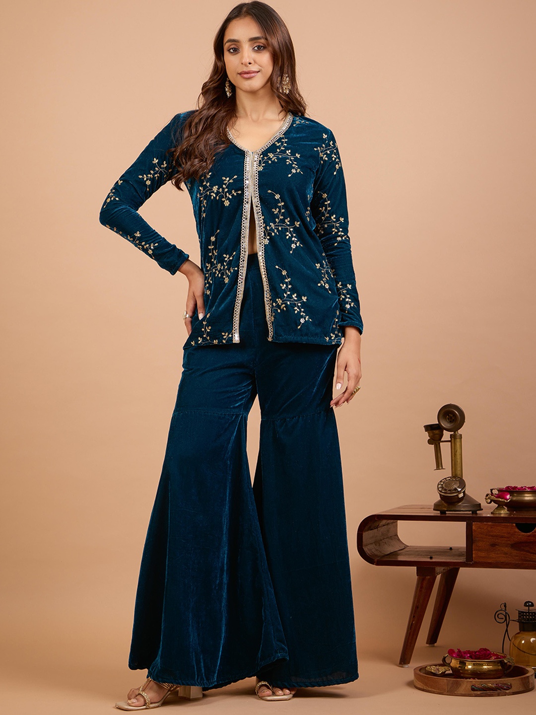Alaya By Stage3 Floral Embroidered V-Neck Mirror Work Velvet Kurta with Sharara, Blue
Alaya By Stage3 Floral Embroidered V-Neck Mirror Work Velvet Kurta with Sharara, Blue