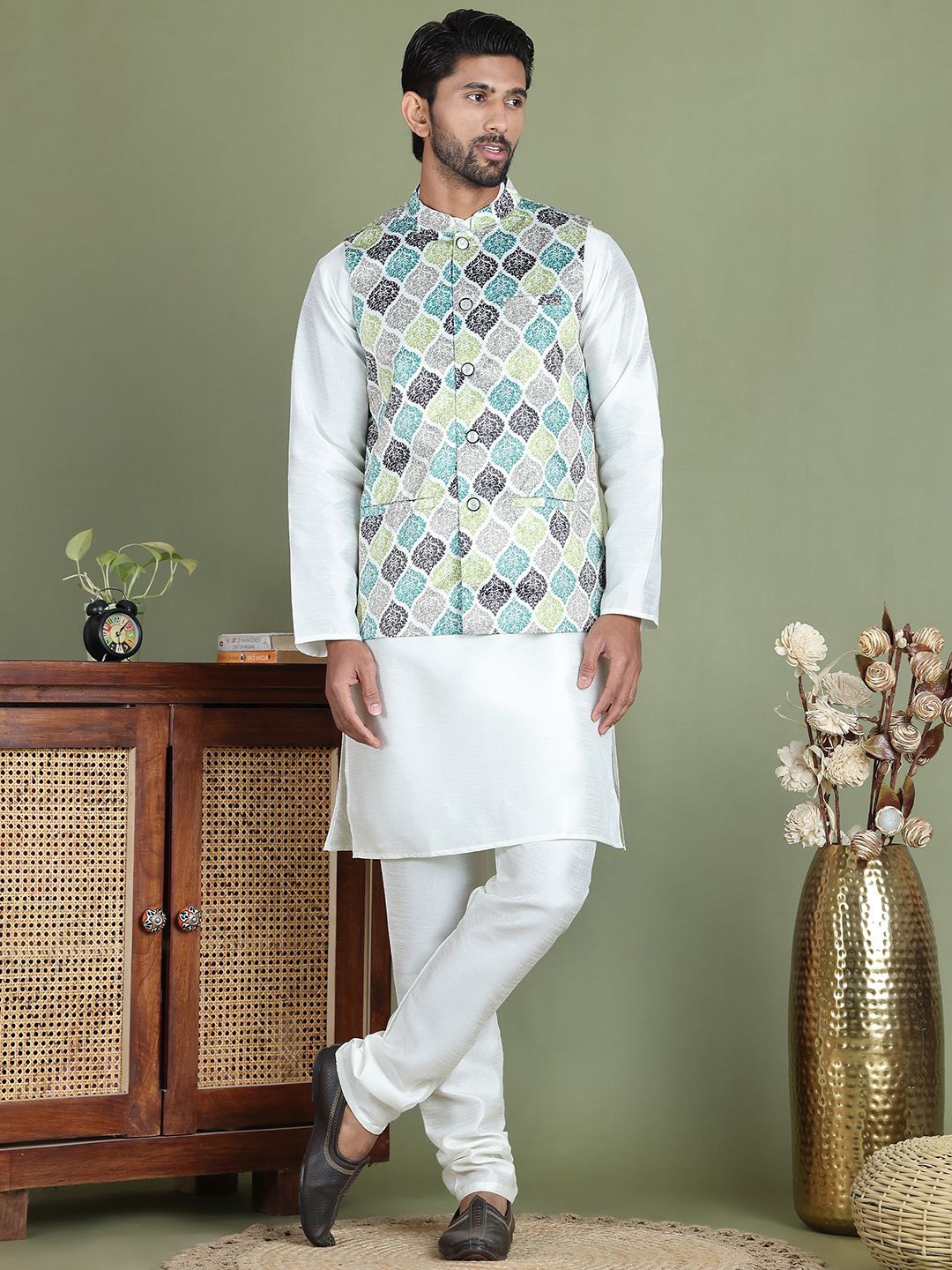 Jompers Mandarin Collar Straight Dupion Silk Kurta With Churidar And Nehru Jacket, Green
Jompers Mandarin Collar Straight Dupion Silk Kurta With Churidar And Nehru Jacket, Green