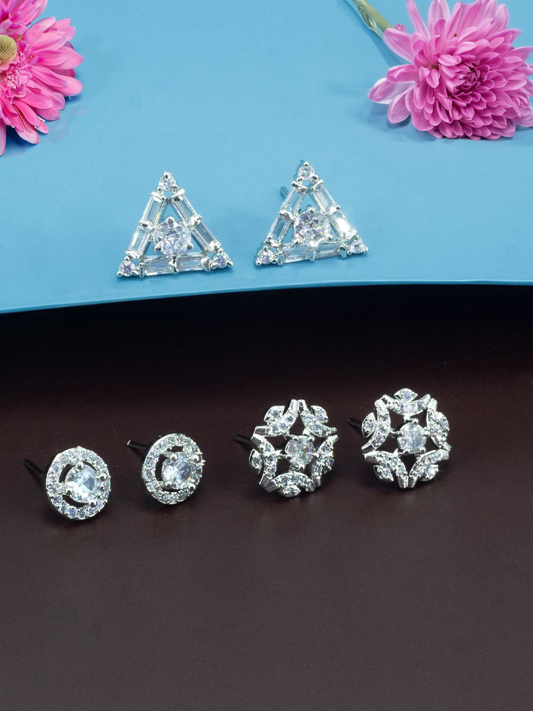 PRIVIU Set Of 3 Rhodium-Plated American Diamond Stones Studded Geometric Studs, Silver
PRIVIU Set Of 3 Rhodium-Plated American Diamond Stones Studded Geometric Studs, Silver
