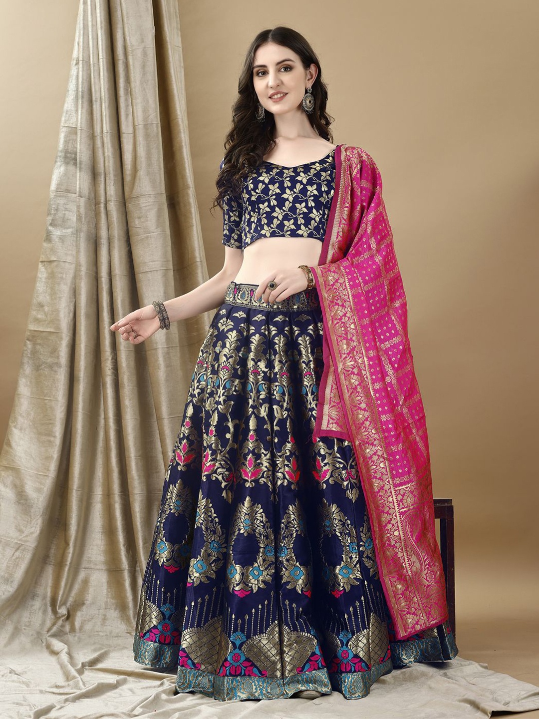 SWAMI STUDIO Floral Woven Design Zari Ready to Wear Lehenga Unctitched Blouse & Dupatta, Navy blue
SWAMI STUDIO Floral Woven Design Zari Ready to Wear Lehenga Unctitched Blouse & Dupatta, Navy blue
