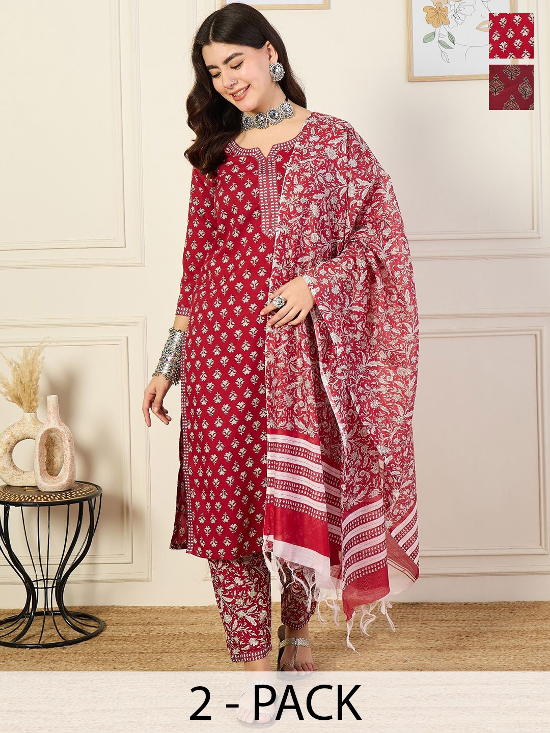 KALINI Selection Of 2 Floral Printed Straight Kurta With Trousers And Dupatta, Red
KALINI Selection Of 2 Floral Printed Straight Kurta With Trousers And Dupatta, Red