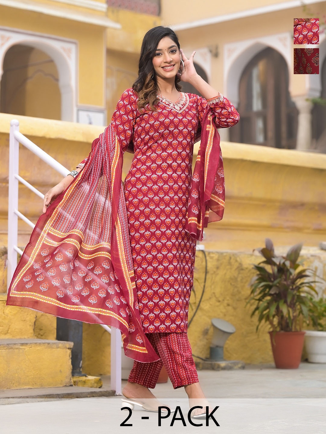 KALINI Selection Of 2 Floral Printed V-Neck Straight Kurta With Trousers & Dupatta, Red
KALINI Selection Of 2 Floral Printed V-Neck Straight Kurta With Trousers & Dupatta, Red
