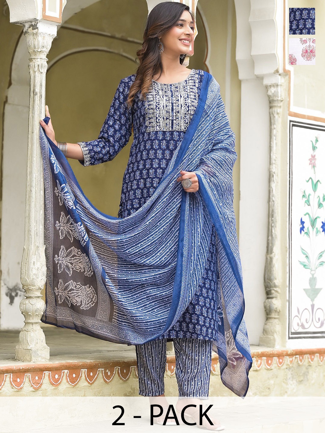 KALINI Selection Of 2 Floral Printed Round Neck Straight Kurta With Trousers & Dupatta, Blue
KALINI Selection Of 2 Floral Printed Round Neck Straight Kurta With Trousers & Dupatta, Blue
