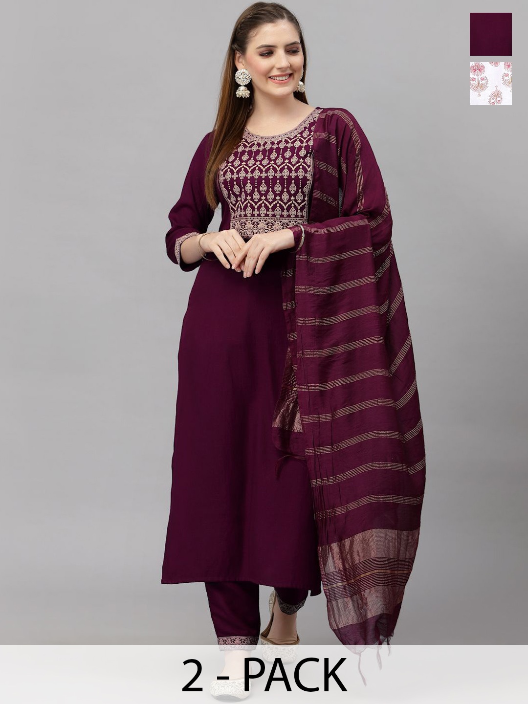 KALINI Selection Of 2 Ethnic Motifs Printed Round Neck Kurta With Trouser & Dupatta, Burgundy
KALINI Selection Of 2 Ethnic Motifs Printed Round Neck Kurta With Trouser & Dupatta, Burgundy