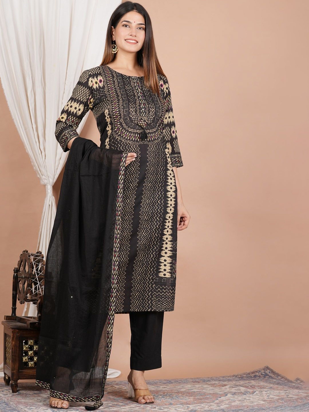 IKRASS Geometric Printed Straight Pure Cotton Kurta With Trousers And Dupatta, Black
IKRASS Geometric Printed Straight Pure Cotton Kurta With Trousers And Dupatta, Black