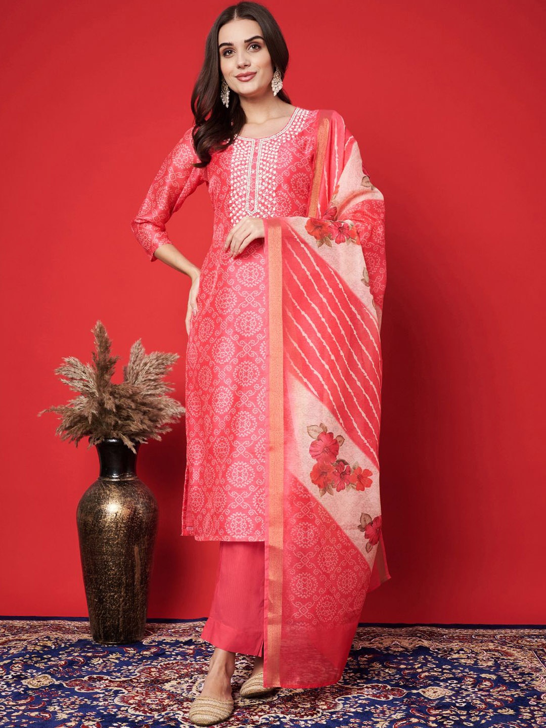 Label Khoj Bandhani Printed Beads Work Chanderi Silk Kurta With Trousers & Dupatta, Pink
Label Khoj Bandhani Printed Beads Work Chanderi Silk Kurta With Trousers & Dupatta, Pink