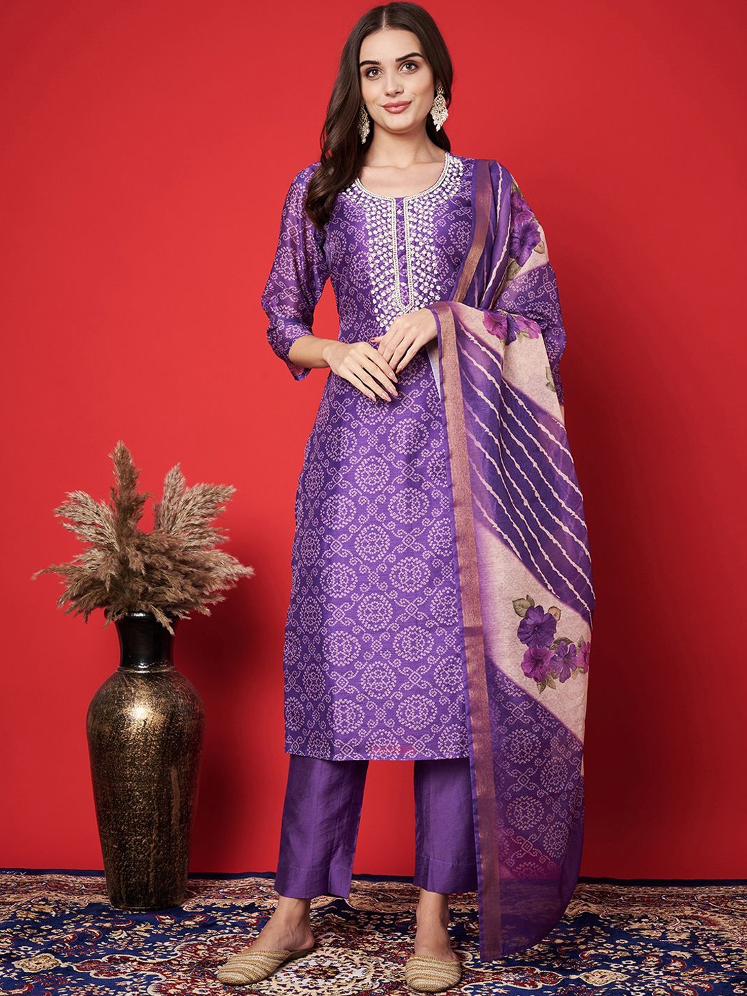 Label Khoj Bandhani Printed Beads Work Chanderi Silk Kurta With Trousers & Dupatta, Purple
Label Khoj Bandhani Printed Beads Work Chanderi Silk Kurta With Trousers & Dupatta, Purple