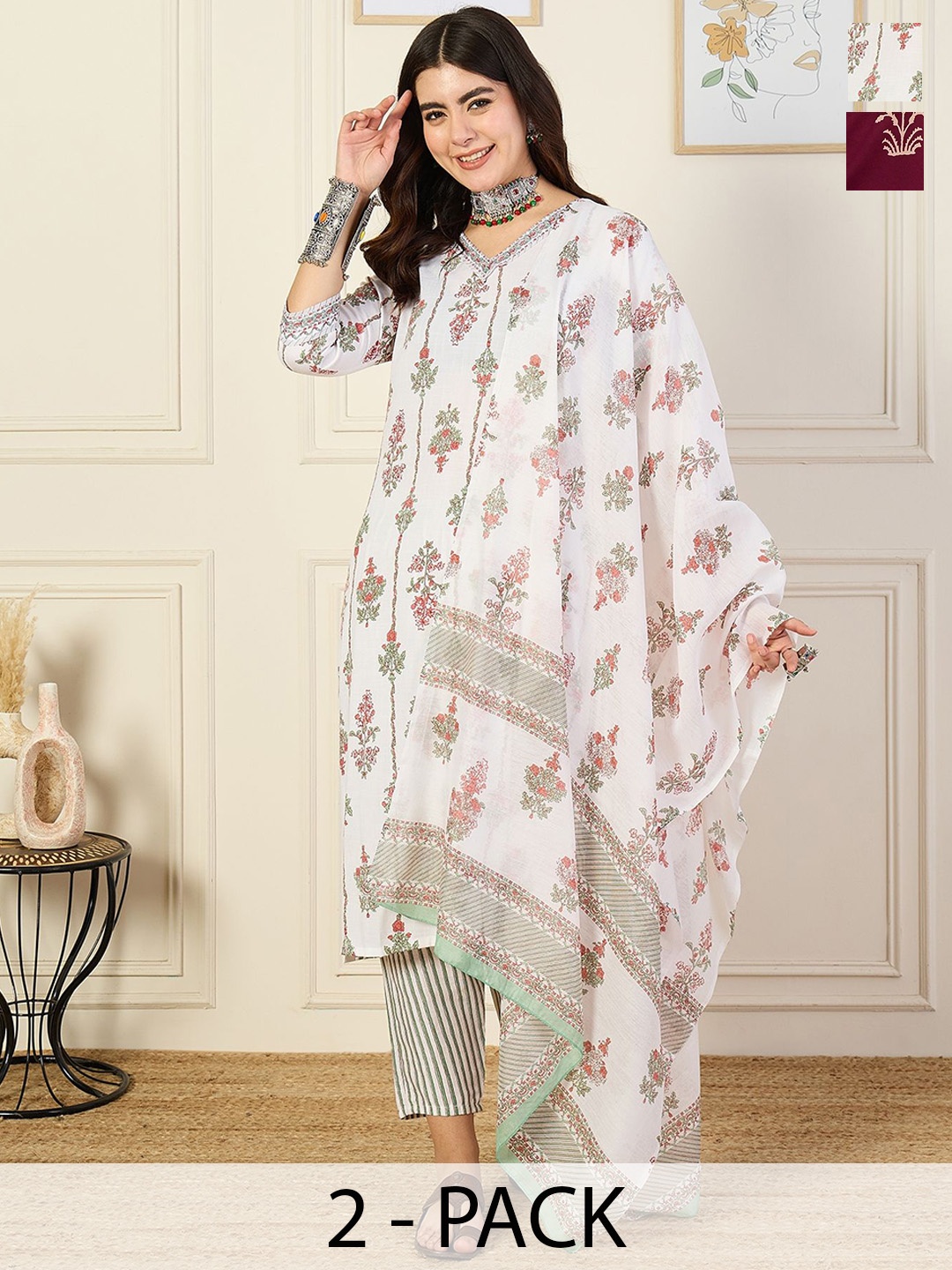 KALINI Pack Of 2 Floral Printed V-Neck Straight Kurta With Trouser And Dupatta, White
KALINI Pack Of 2 Floral Printed V-Neck Straight Kurta With Trouser And Dupatta, White