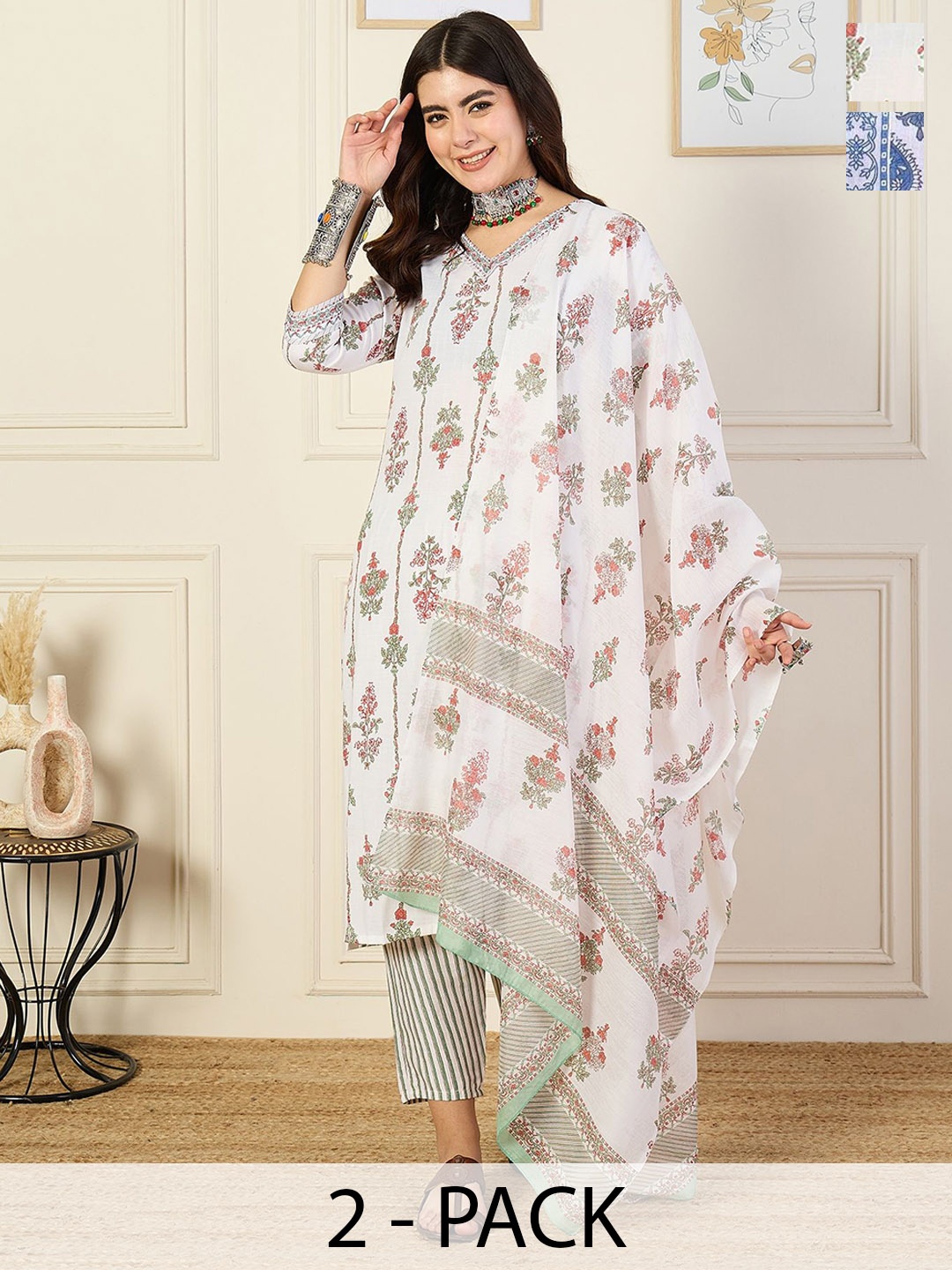 KALINI Selection Of 2 Floral Printed V-Neck Straight Kurtas With Trousers And Dupatta, White
KALINI Selection Of 2 Floral Printed V-Neck Straight Kurtas With Trousers And Dupatta, White