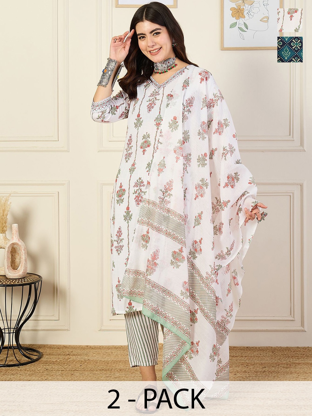 KALINI Selection Of 2 Floral Printed V-Neck Straight Kurta With Trousers & Dupatta, White
KALINI Selection Of 2 Floral Printed V-Neck Straight Kurta With Trousers & Dupatta, White