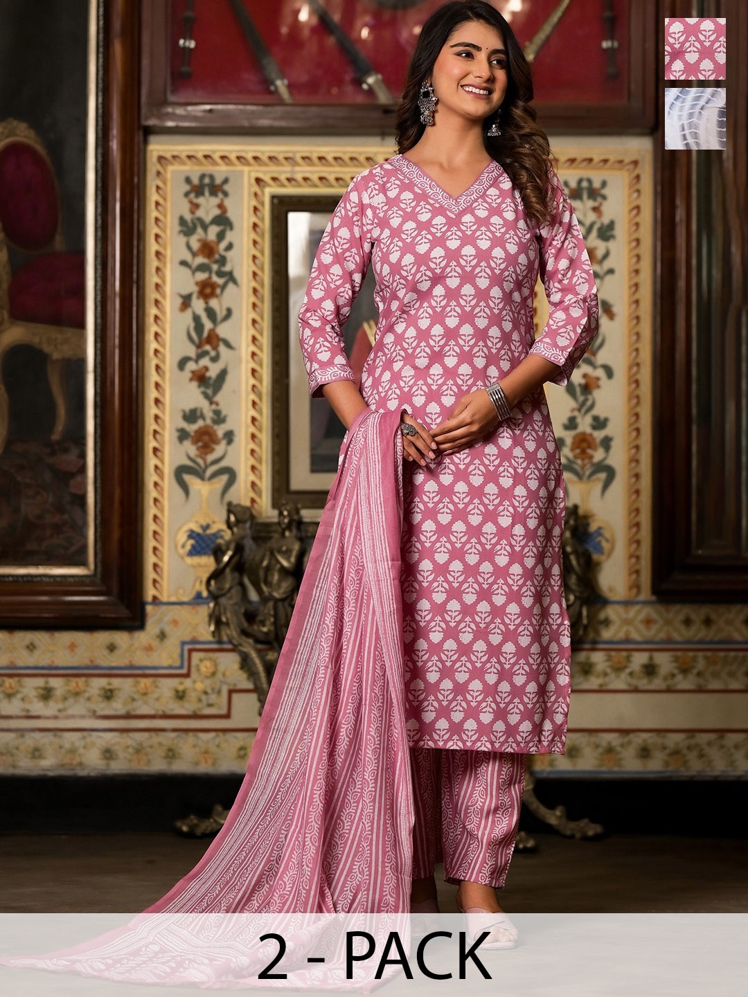 KALINI Selection Of 2 Ethnic Motifs Printed Straight Kurta With Trousers & Dupatta, White
KALINI Selection Of 2 Ethnic Motifs Printed Straight Kurta With Trousers & Dupatta, White