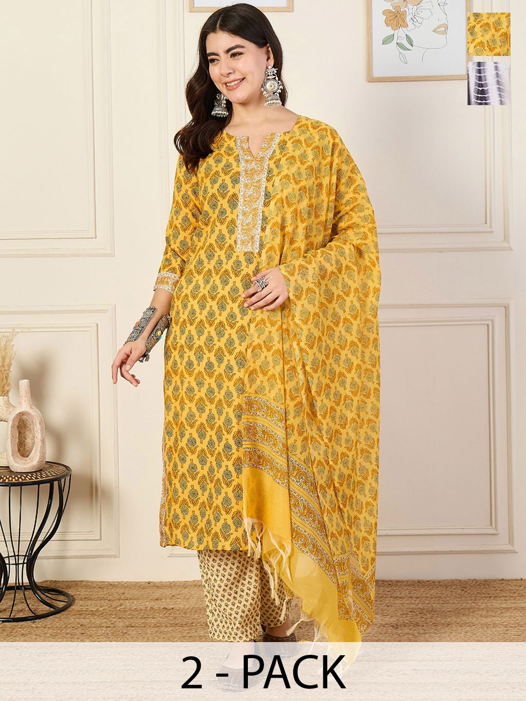 KALINI Selection Of 2 Ethnic Motifs Printed Straight Kurta With Trousers & Dupatta, White
KALINI Selection Of 2 Ethnic Motifs Printed Straight Kurta With Trousers & Dupatta, White