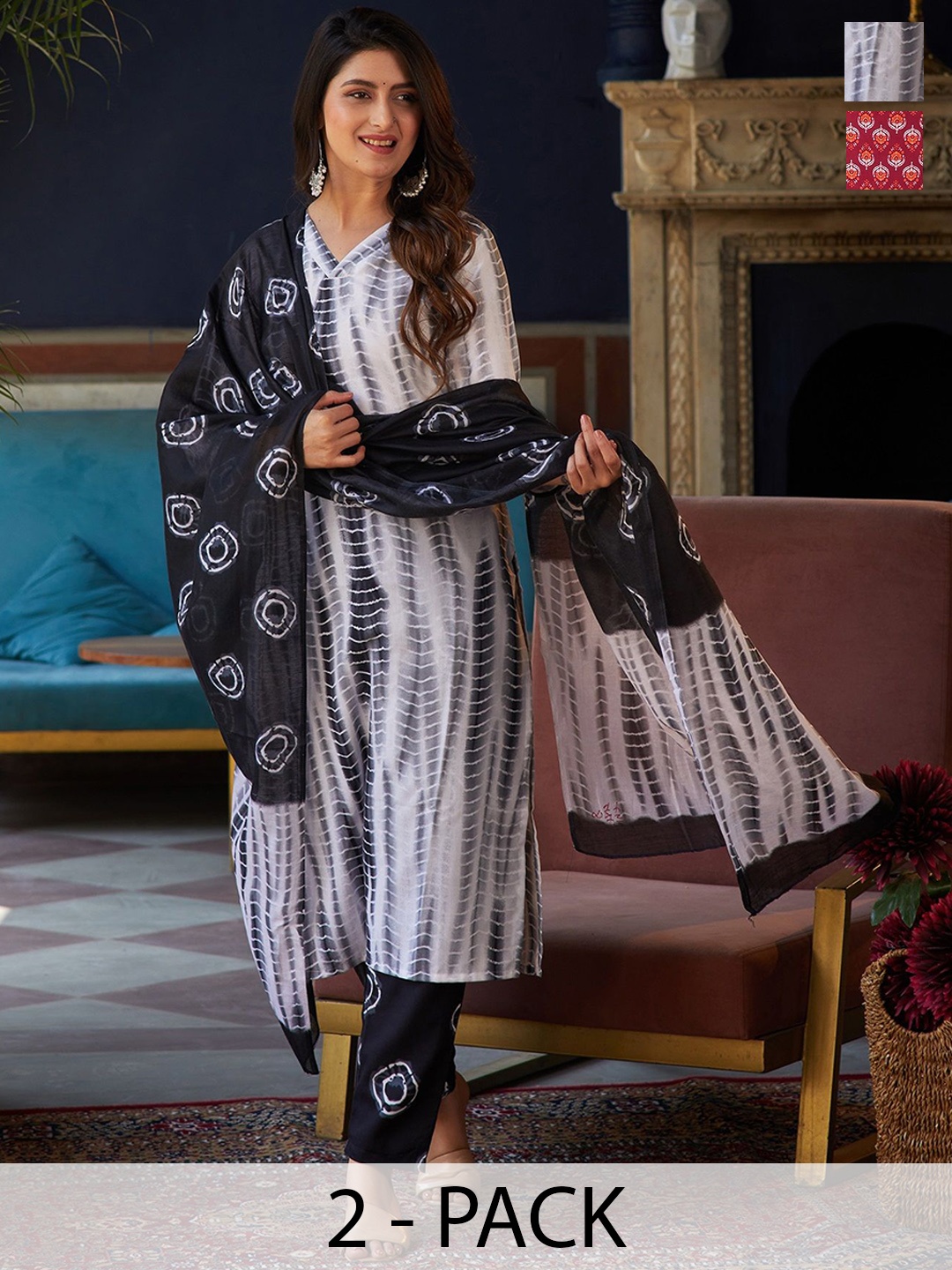 KALINI Selection Of 2 Tie & Dye Printed Straight Kurta With Trousers & Dupatta, White
KALINI Selection Of 2 Tie & Dye Printed Straight Kurta With Trousers & Dupatta, White