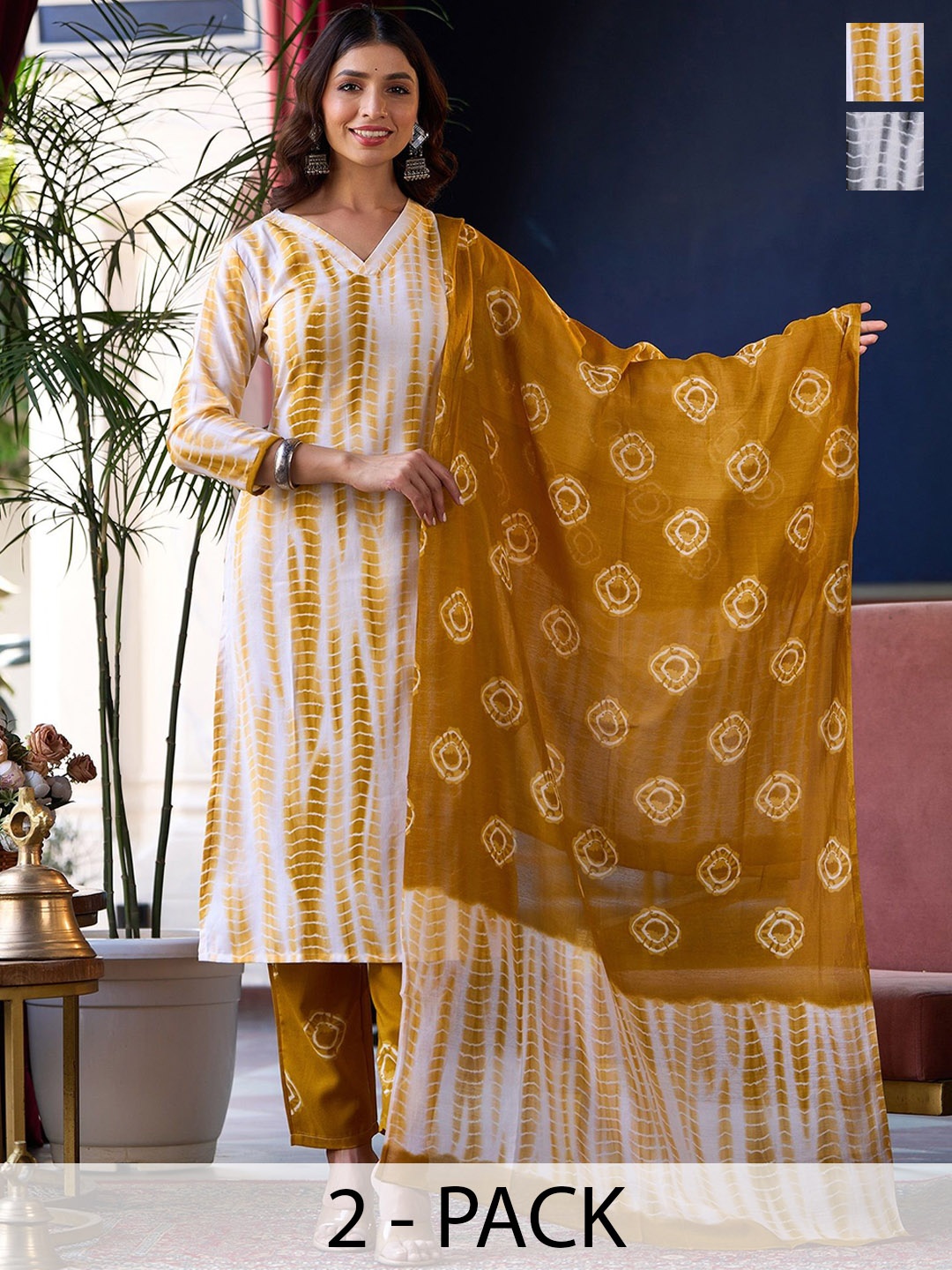 KALINI Selection Of 2 Tie & Dye Printed Straight Kurta With Trousers & Dupatta, White
KALINI Selection Of 2 Tie & Dye Printed Straight Kurta With Trousers & Dupatta, White