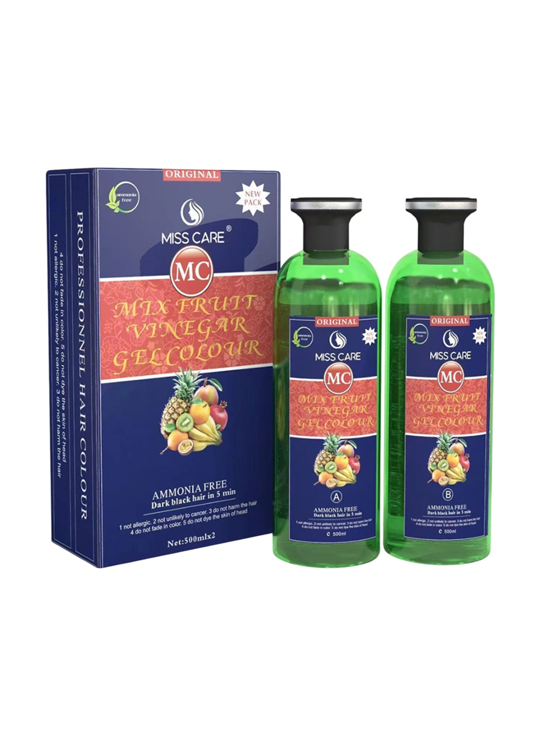 Miss Care Set Of 2 Mix Fruit Vinegar Ammonia Free Gel Color - 500 ml Each - Natural Black
Miss Care Set Of 2 Mix Fruit Vinegar Ammonia Free Gel Color - 500 ml Each - Natural Black