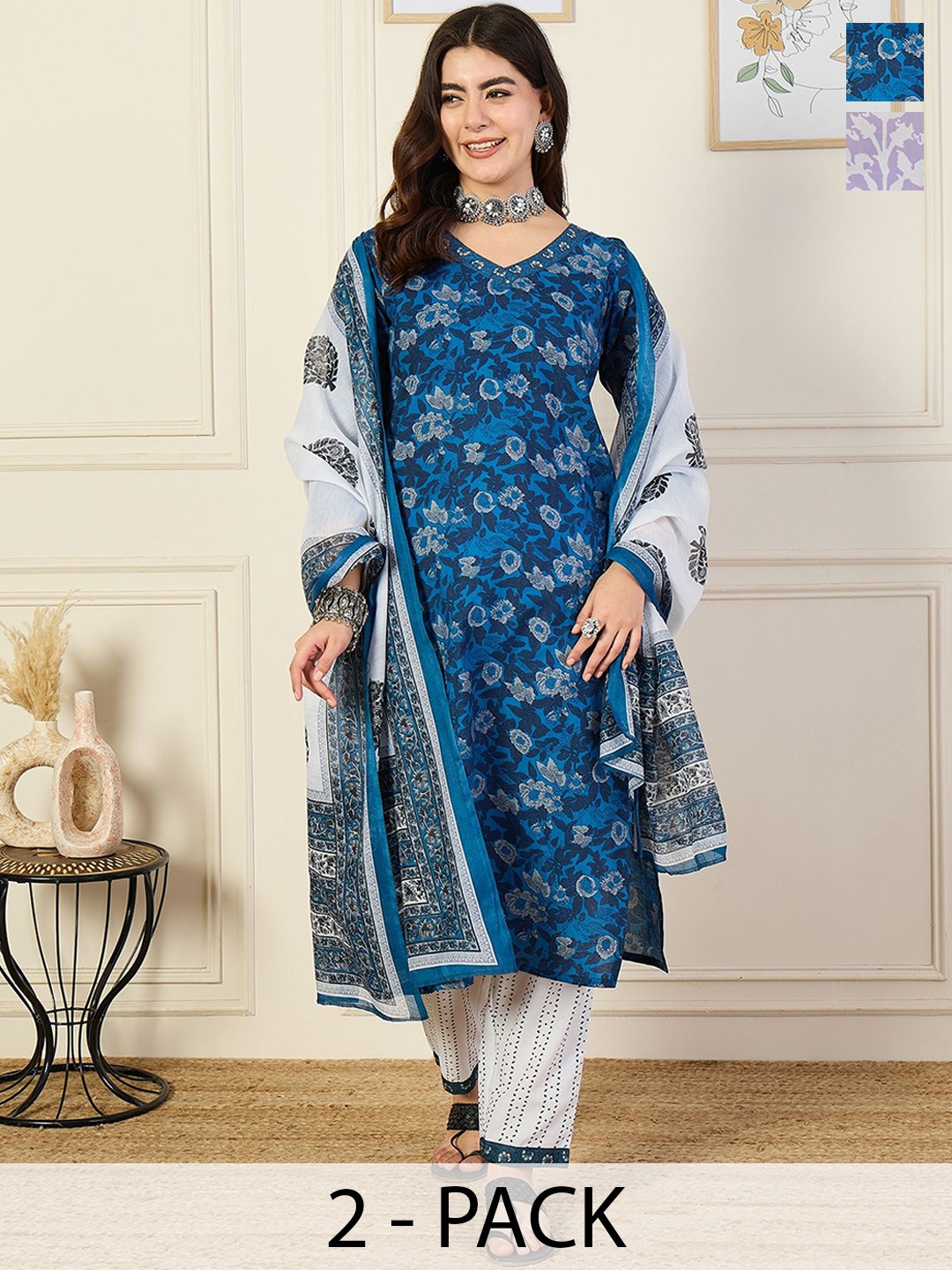 KALINI Selection Of 2 Ethnic Motifs Printed Straight Kurta With Trousers & Dupatta, Navy blue
KALINI Selection Of 2 Ethnic Motifs Printed Straight Kurta With Trousers & Dupatta, Navy blue