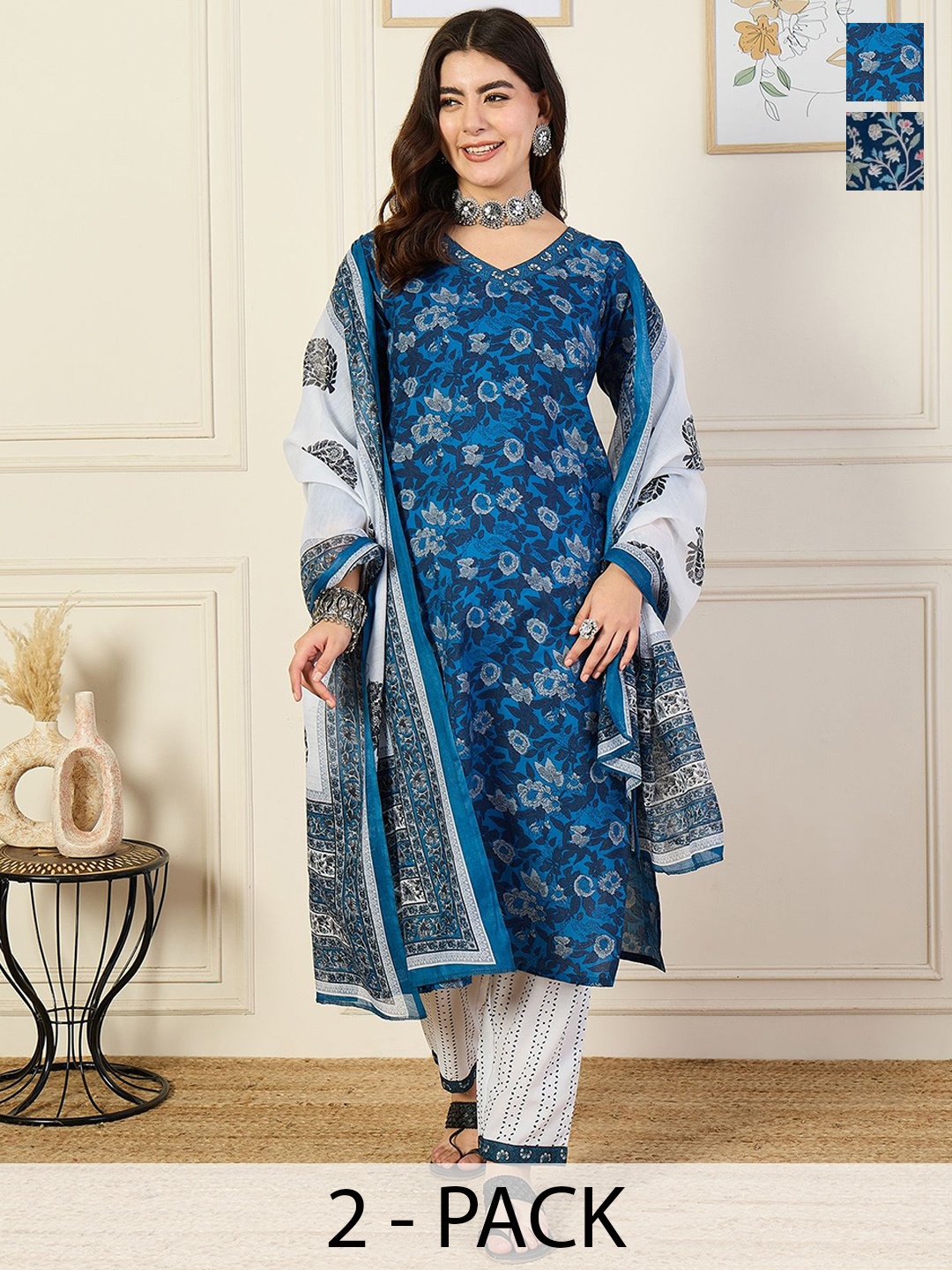 KALINI Pack Of 2 Floral Printed V-neck Kurta With Trousers & Dupatta, Navy blue
KALINI Pack Of 2 Floral Printed V-neck Kurta With Trousers & Dupatta, Navy blue