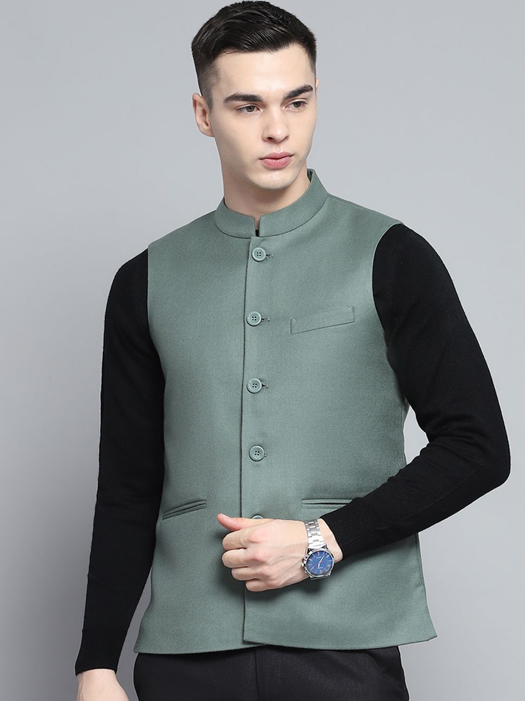 Monte Carlo Men Mandarin Collar Solid Woollen Casual Tailored Lightweight Jacket, Green
Monte Carlo Men Mandarin Collar Solid Woollen Casual Tailored Lightweight Jacket, Green