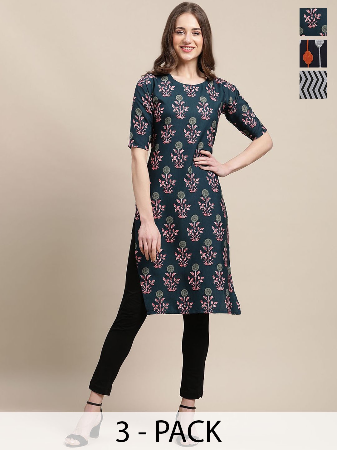 7Threads Selection of 3 Ethnic Motifs Printed Round Neck Crepe Straight Kurtas, Green
7Threads Selection of 3 Ethnic Motifs Printed Round Neck Crepe Straight Kurtas, Green